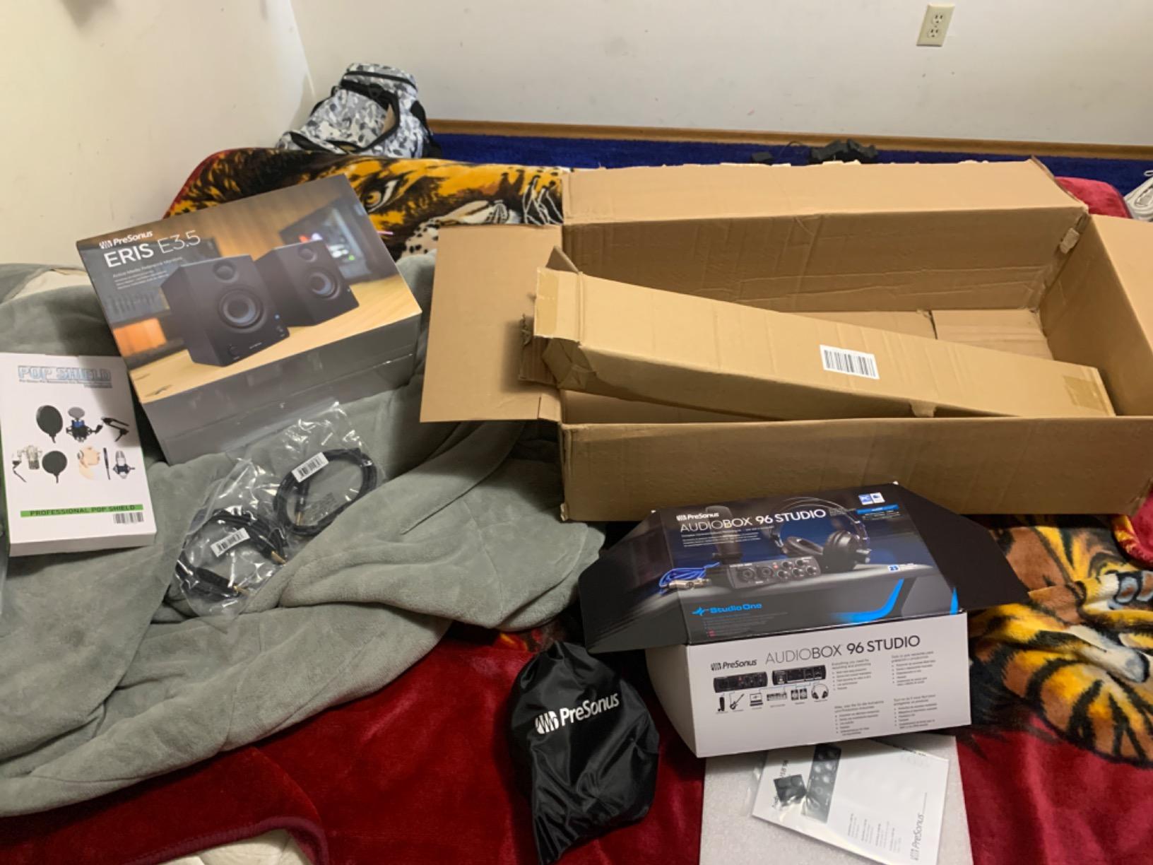 Presonus AudioBox 96 Audio Interface (May Vary Blue or Black) Full Studio Bundle with Studio One Artist Software Pack w/Eris 3.5 Pair Studio Monitors and 1/4