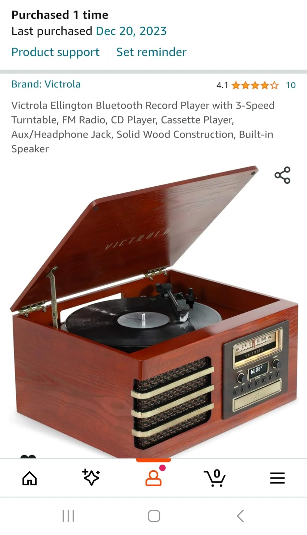 Victrola Ellington - 3-Speed (33 1/3, 45, 78 RPM) Bluetooth Record Player with CD Player, FM Radio, Premium Ceramic Stylus, & Built-in Speaker, RCA Out & Aux in, Wireless Music Streaming (Mahogany) customer photo 1