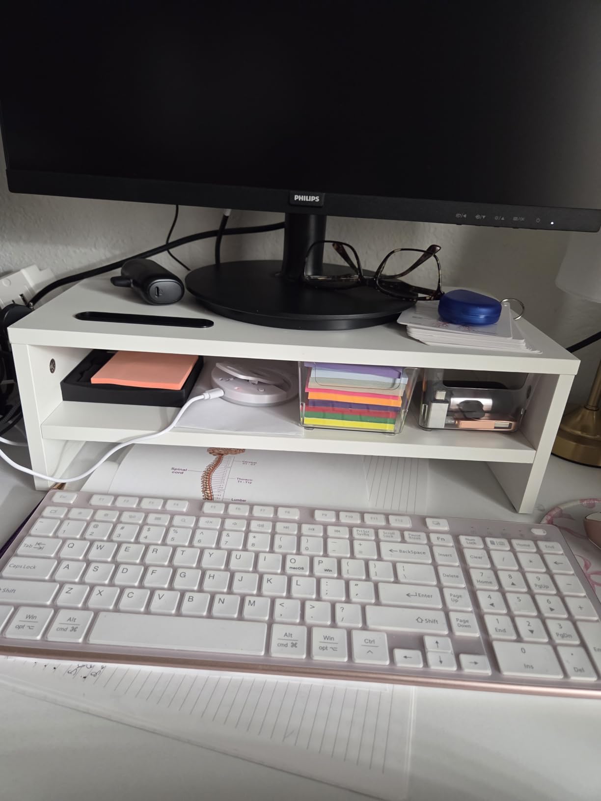 BONTEC Wooden Monitor Stand Riser for Desk, 2-Tier Computer Monitor Stand with Storage, 66 lbs Desk Shelf Organizer, Laptop & Printer Stand with Phone Holder and Cable Management, White, 16.5 Inch customer photo 2