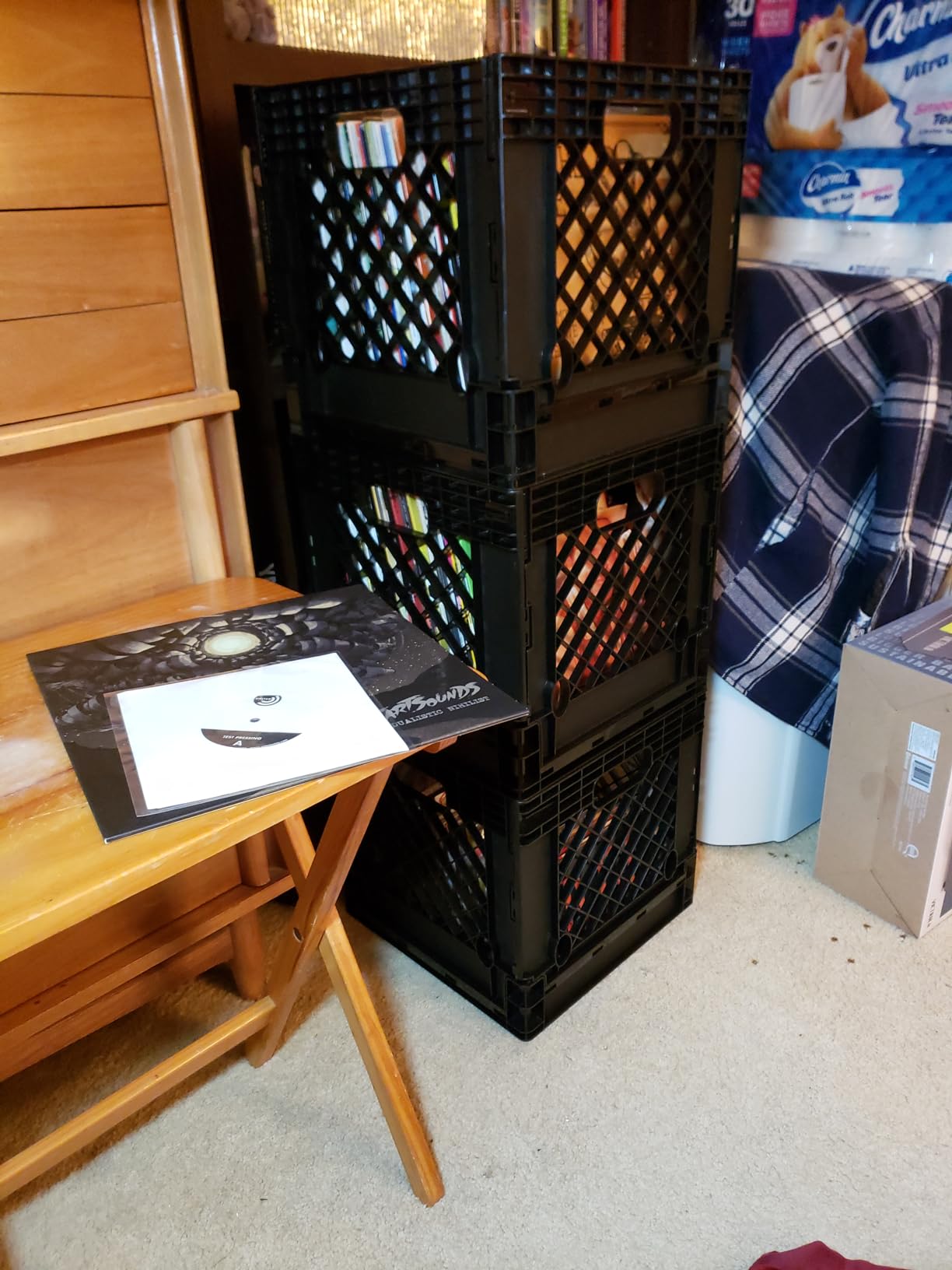 3 Pack - Plastic Foldable Stackable Milk Crates for Vinyl Record LP Collecting Perfect Fit Durable - 14.5 x 14.5 x 14.125 - Black customer photo 1