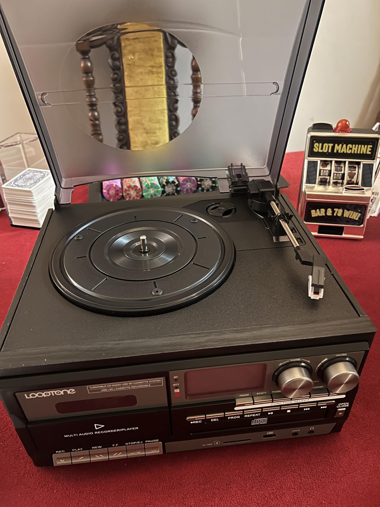 Vinyl Record Player 10 in 1 3 Speed Bluetooth Vintage Turntable CD Cassette Player AM/FM Radio USB Recorder Aux-in RCA Line-Out (Black-Grey) customer photo 2
