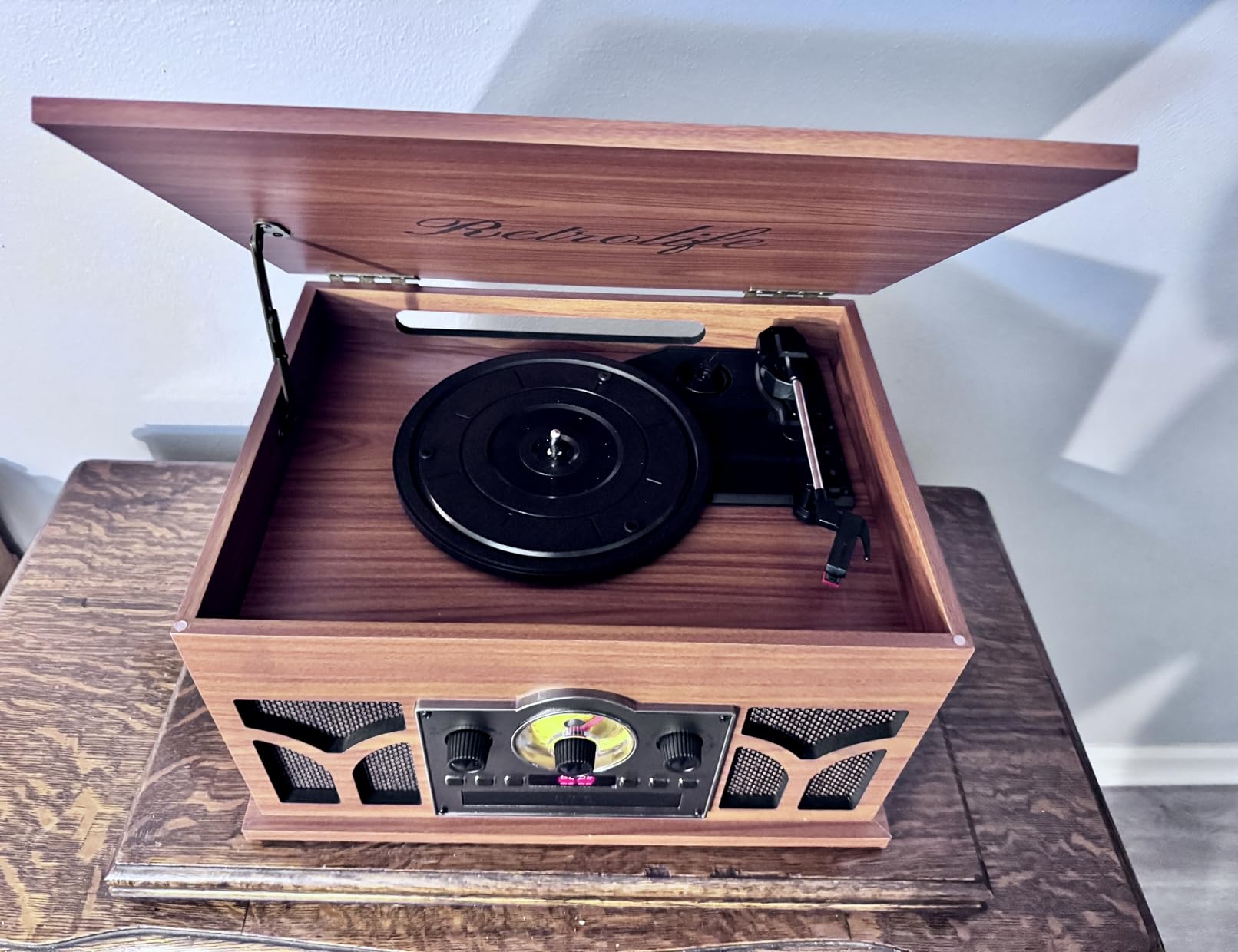 Retrolife 10-in-1 Record Player with Speakers and Bluetooth, Mahogany | 3-Speed Belt-Drive Turntable, CD/Cassette/USB/AM-FM radio, Built-in Stereo Speakers, RCA Output, Real Wood, for 7/10/12 Vinyl customer photo 2
