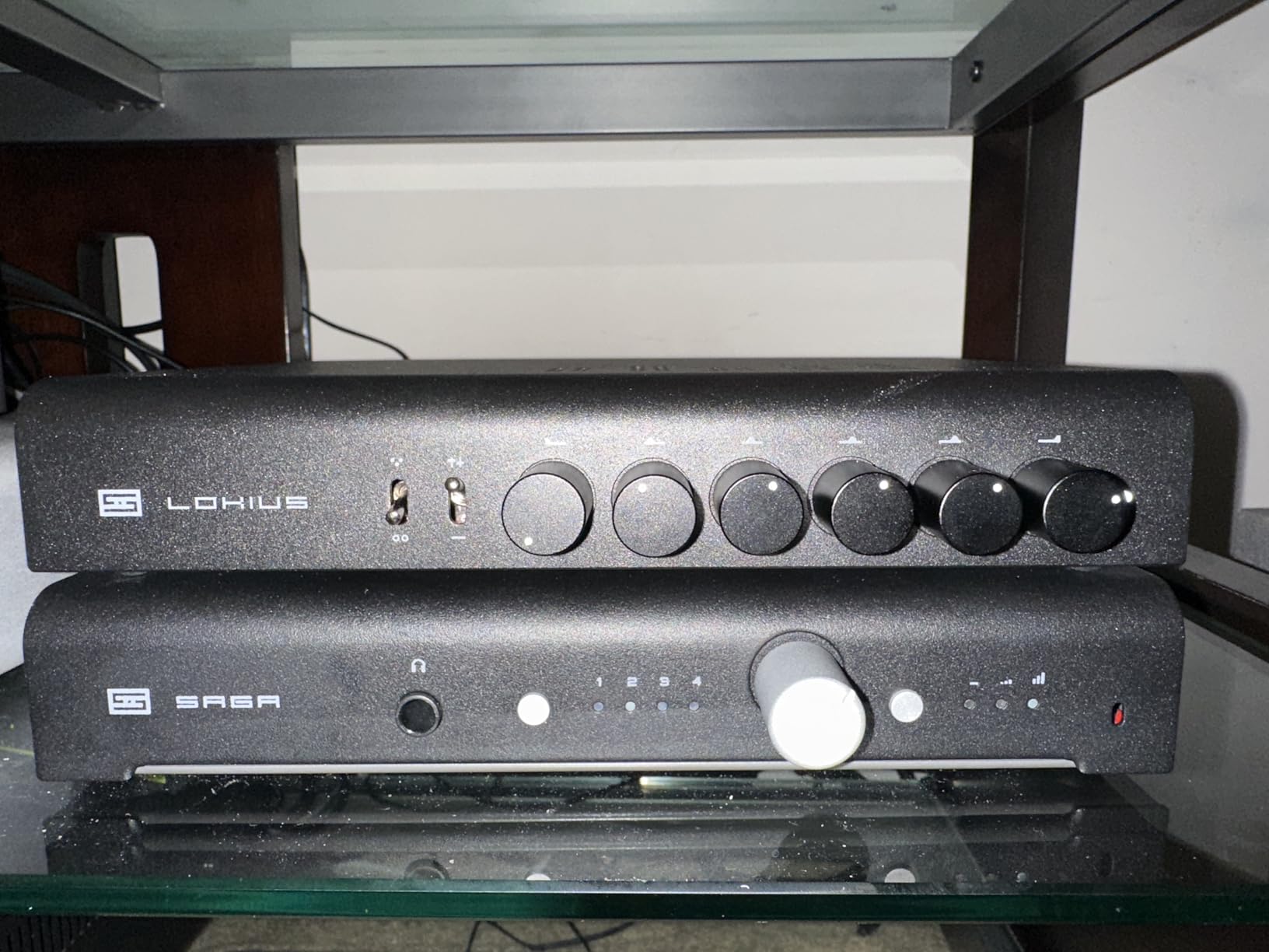 Saga 2 Class A Zero-Feedback Differential Preamp w/Remote - Black | 100% discrete, 75V linear power supply, passive or active gain, headphone jack, 64-step relay ladder volume. Made in USA. customer photo 1