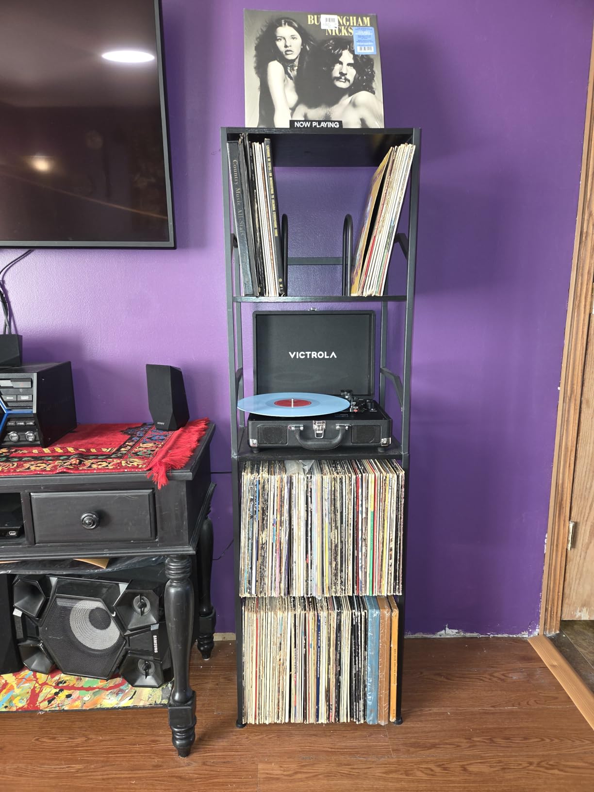 LOAKEKEL Record Player Stand, Vinyl Record Storage Up to 200 Albums, 3 Tier End Table with Removable Dividers, Tall Side Table for Living Room, Bedroom, Rustic Brown, HETCD010BR-1 customer photo 1