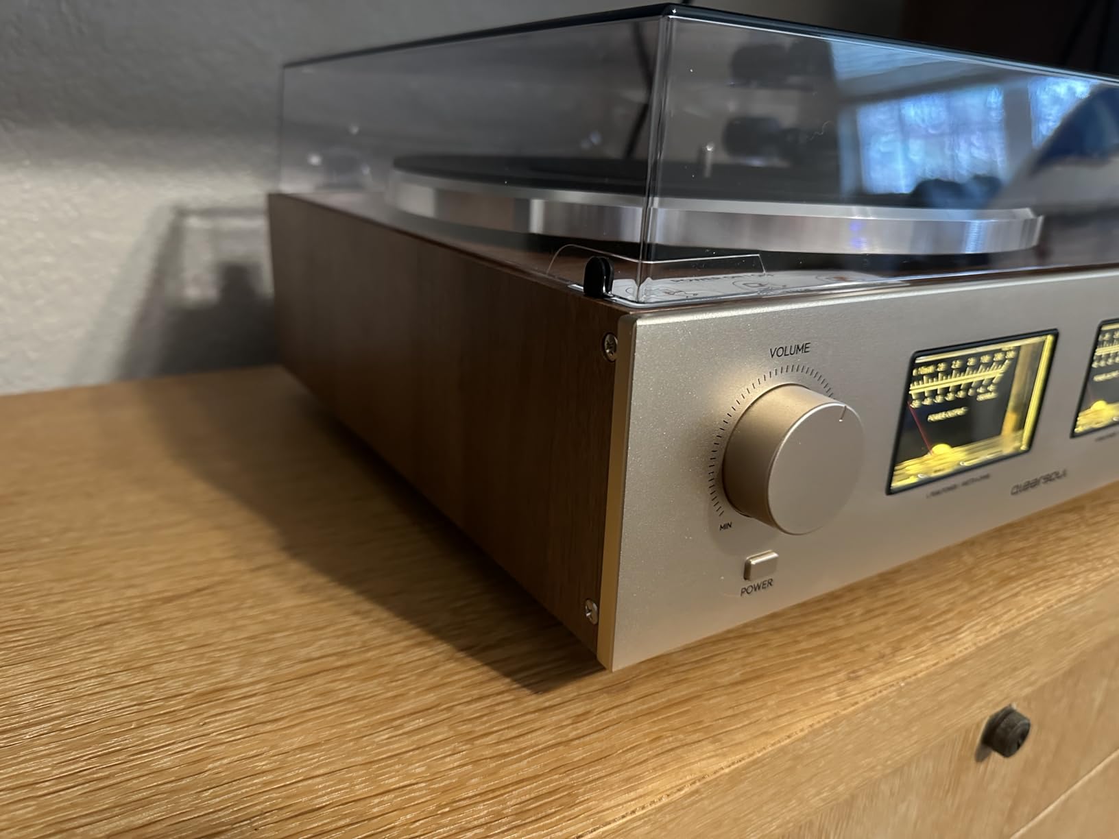 QLEARSOUL HiFire X Vinyl Record Player | Audiophile HiFi Turntable System with 100W Bookshelf Speakers, VU Meter, DSP Preamp, Support 33/45 RPM, RCA LINE in | Out customer photo 1