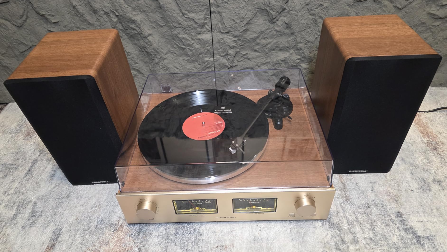 QLEARSOUL HiFire X Vinyl Record Player | Audiophile HiFi Turntable System with 100W Bookshelf Speakers, VU Meter, DSP Preamp, Support 33/45 RPM, RCA LINE in | Out customer photo 2