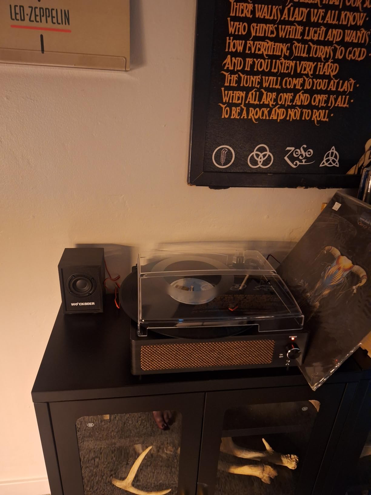 WOCKODER Vinyl Record Player with 2 External Passive Speakers, Black Wooden, Patented Design, Belt-Drive Vintage Turntable, Bookshelf Speakers, 3 Speed, BT Wireless Input, AUX Headphone, Auto Stop, Retro Style customer photo 1