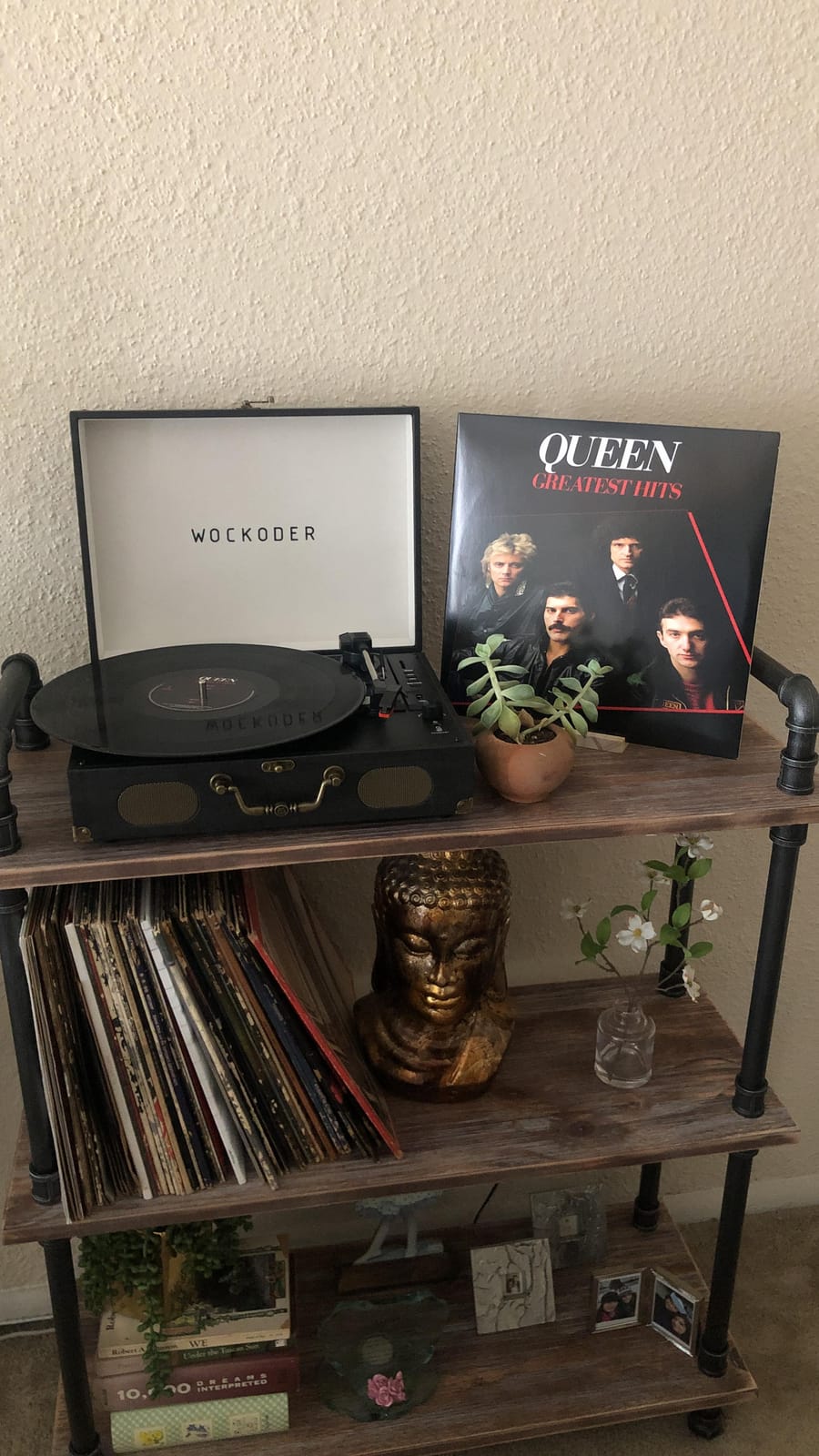 WOCKODER Vinyl Record Player with 2 External Passive Speakers, Black Wooden, Patented Design, Belt-Drive Vintage Turntable, Bookshelf Speakers, 3 Speed, BT Wireless Input, AUX Headphone, Auto Stop, Retro Style customer photo 2