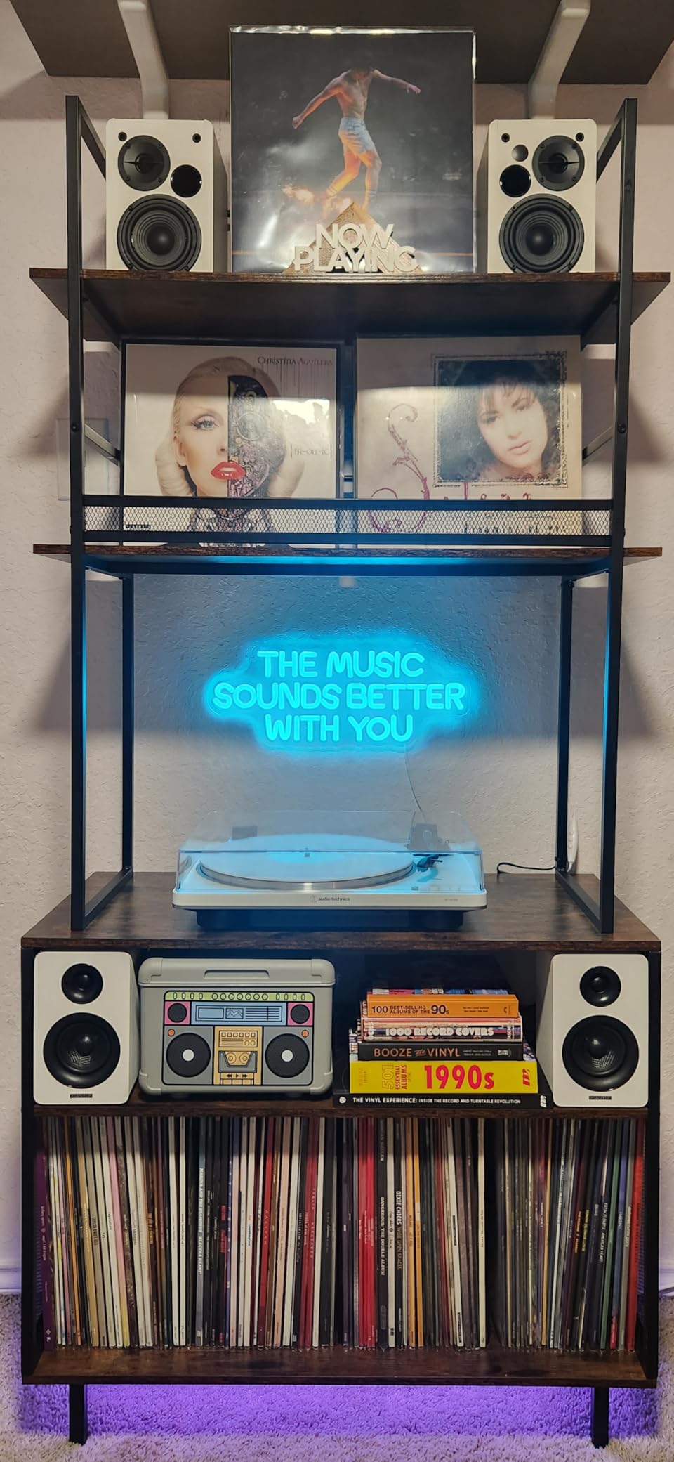 ikkle Large Record Player Stand with Vinyl Storage, Holds Up 500+ Albums - 5-Tier Record Player Table with Charge Station & CD/DVD Rack, Turntable Stand for Living Room, Bedroom customer photo 1