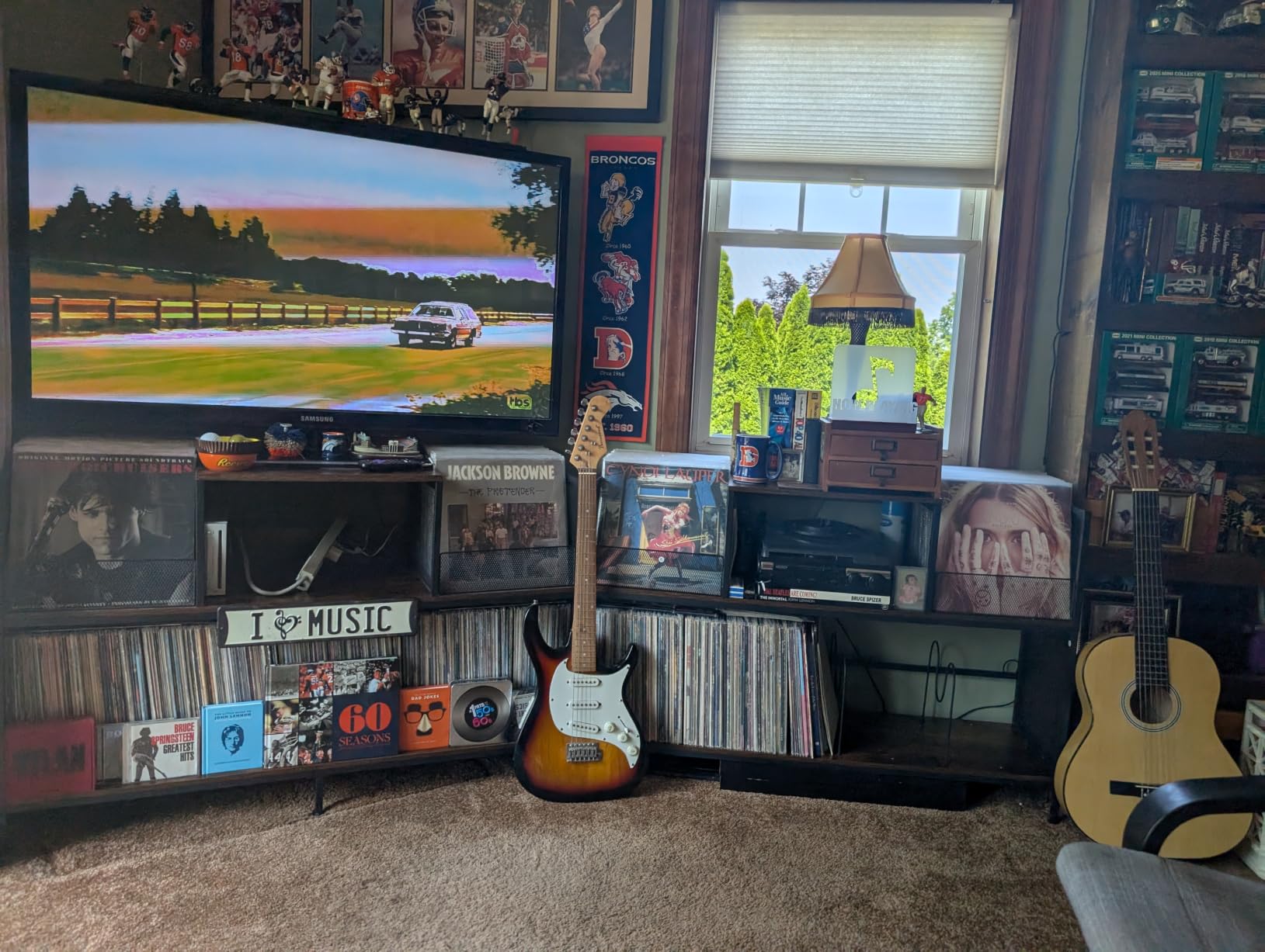 Record Player Stand with Dual Display Bins Storage for 300+ Vinyl Records | Dual display bins, open audio shelf and 3 lower compartments organize 300+ records in one complete vinyl listening station customer photo 2