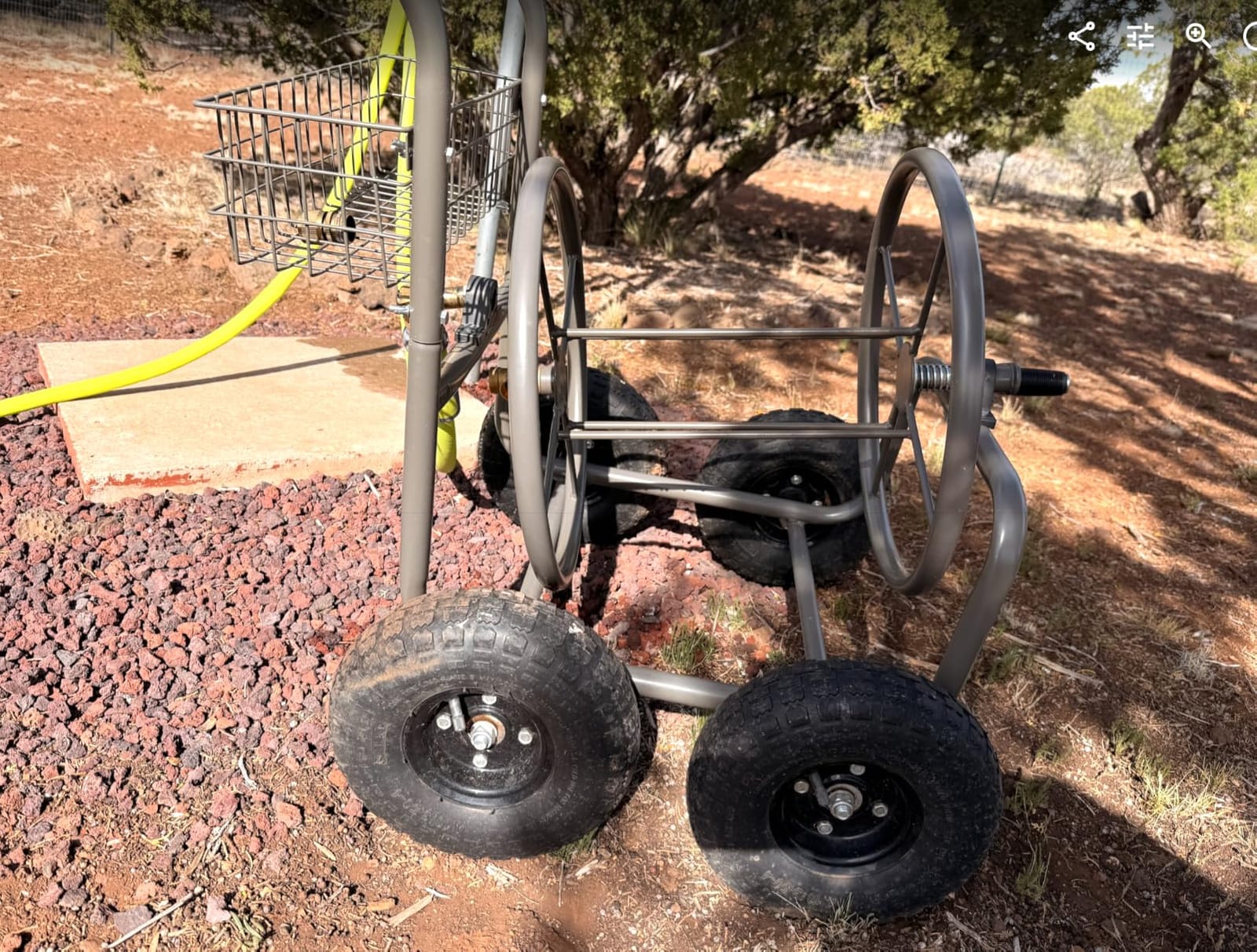 Liberty Garden Residential Grade Four Wheel 250 Foot Capacity Steel Frame Water Hose Reel Cart with Basket for Backyard, Garden, or Home, Brown, Bronze customer photo 1