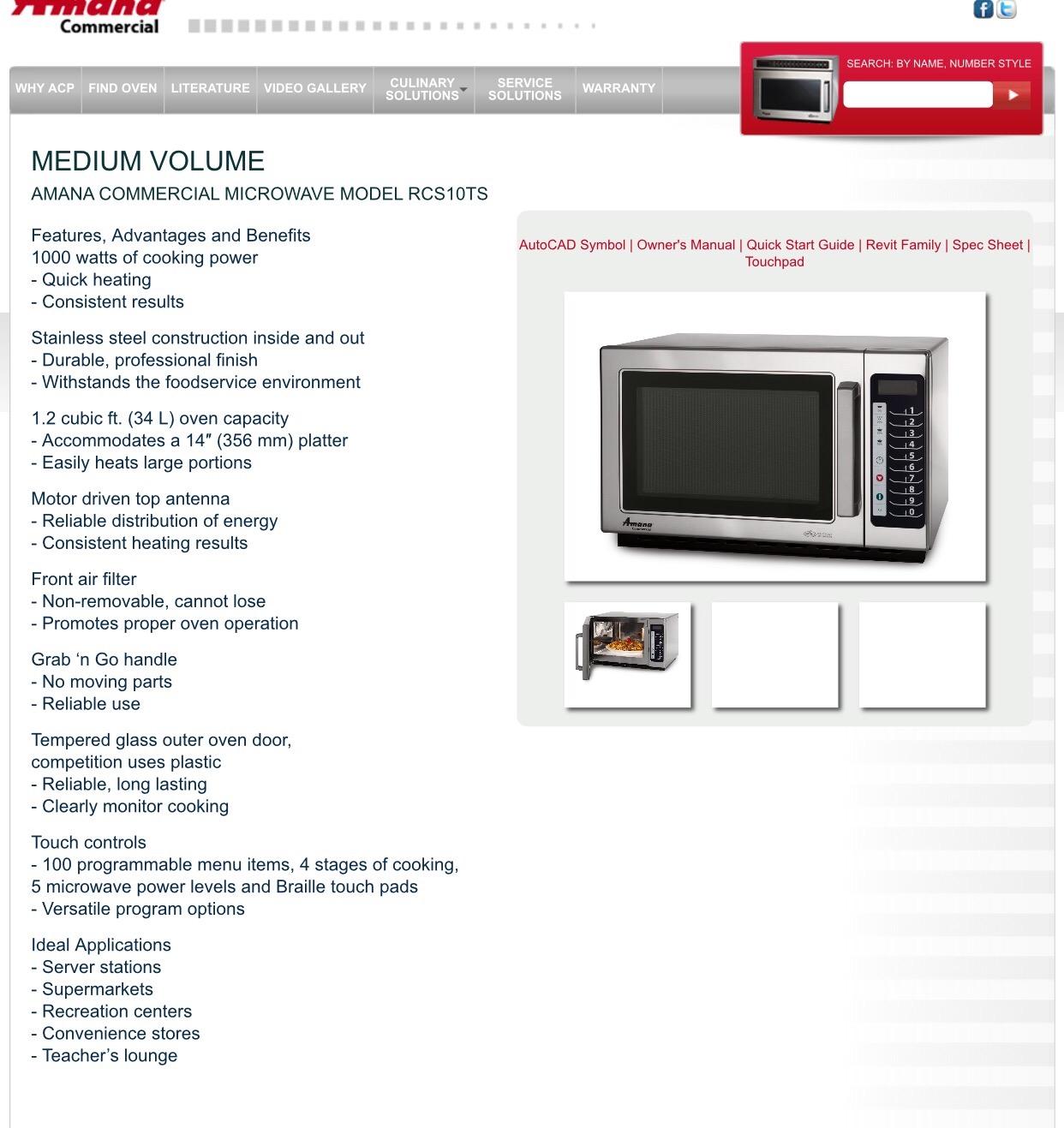 Amana RCS10TS 1000 Watt Stackable Countertop Commercial Microwave with Push Button Controls for Restaurant Buffet Catering Service | 1.2 Cu. Ft, 22