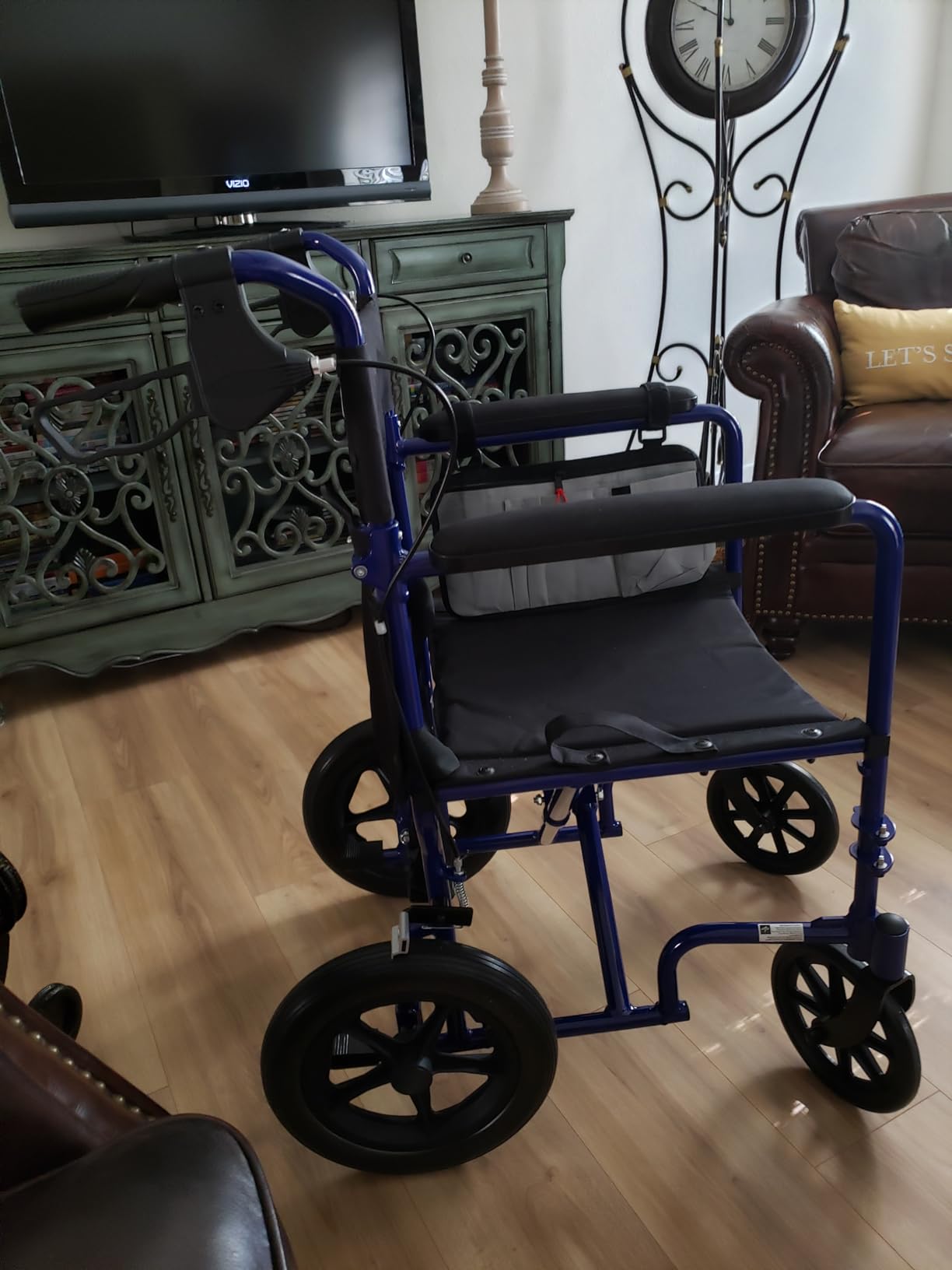 Medline Lightweight Foldable Transport Wheelchair with Handbrakes and 12-Inch Wheels, Red Frame, Black Upholstery customer photo 1