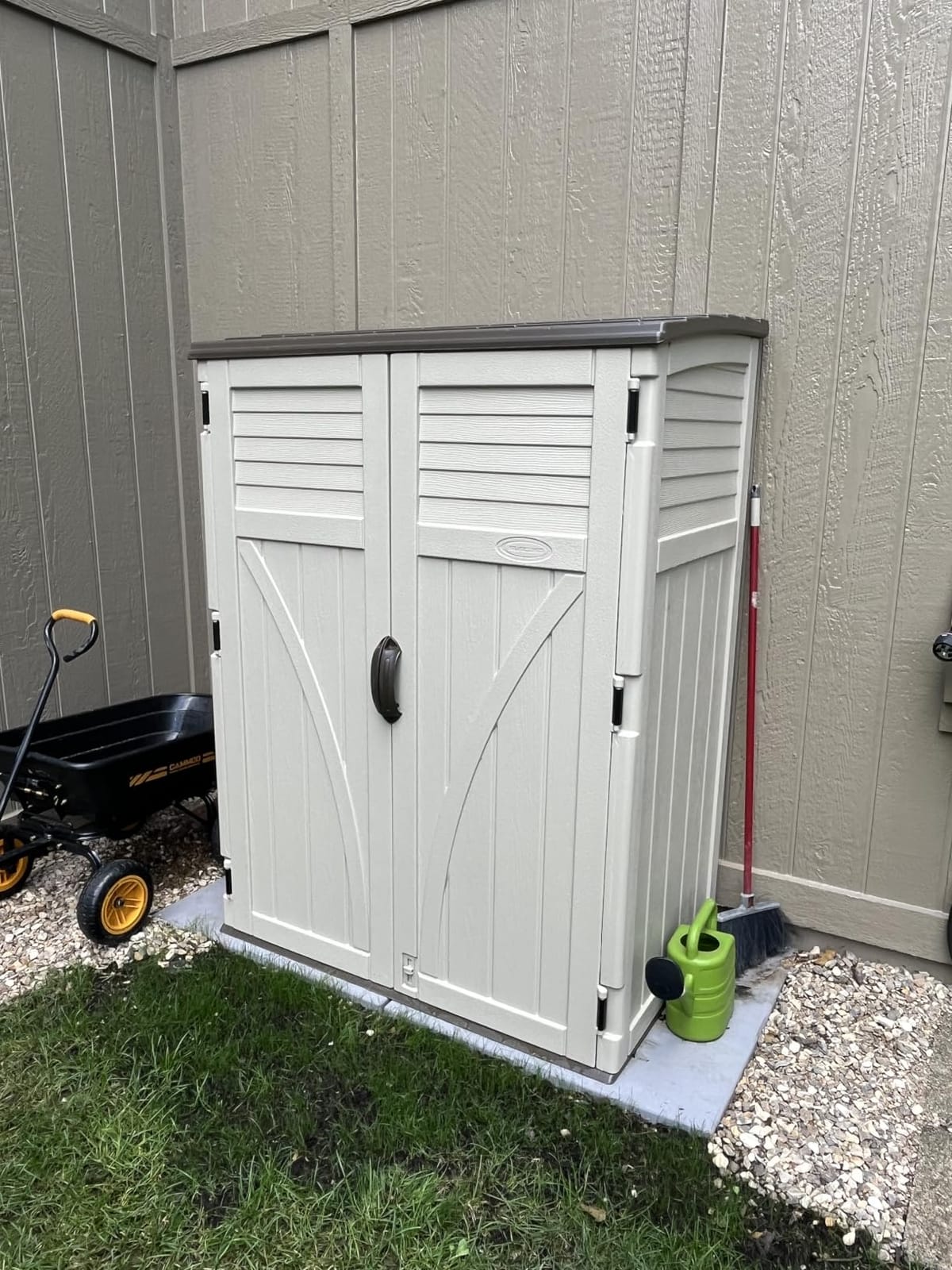 Suncast Outdoor Storage Shed, Water Resistant Resin Vertical Outdoor Storage Cabinet for Patio, Garden Tools, Cushions, & Equipment, Weatherproof Multi-Wall Design, 54 cu. ft., Made in USA customer photo 1