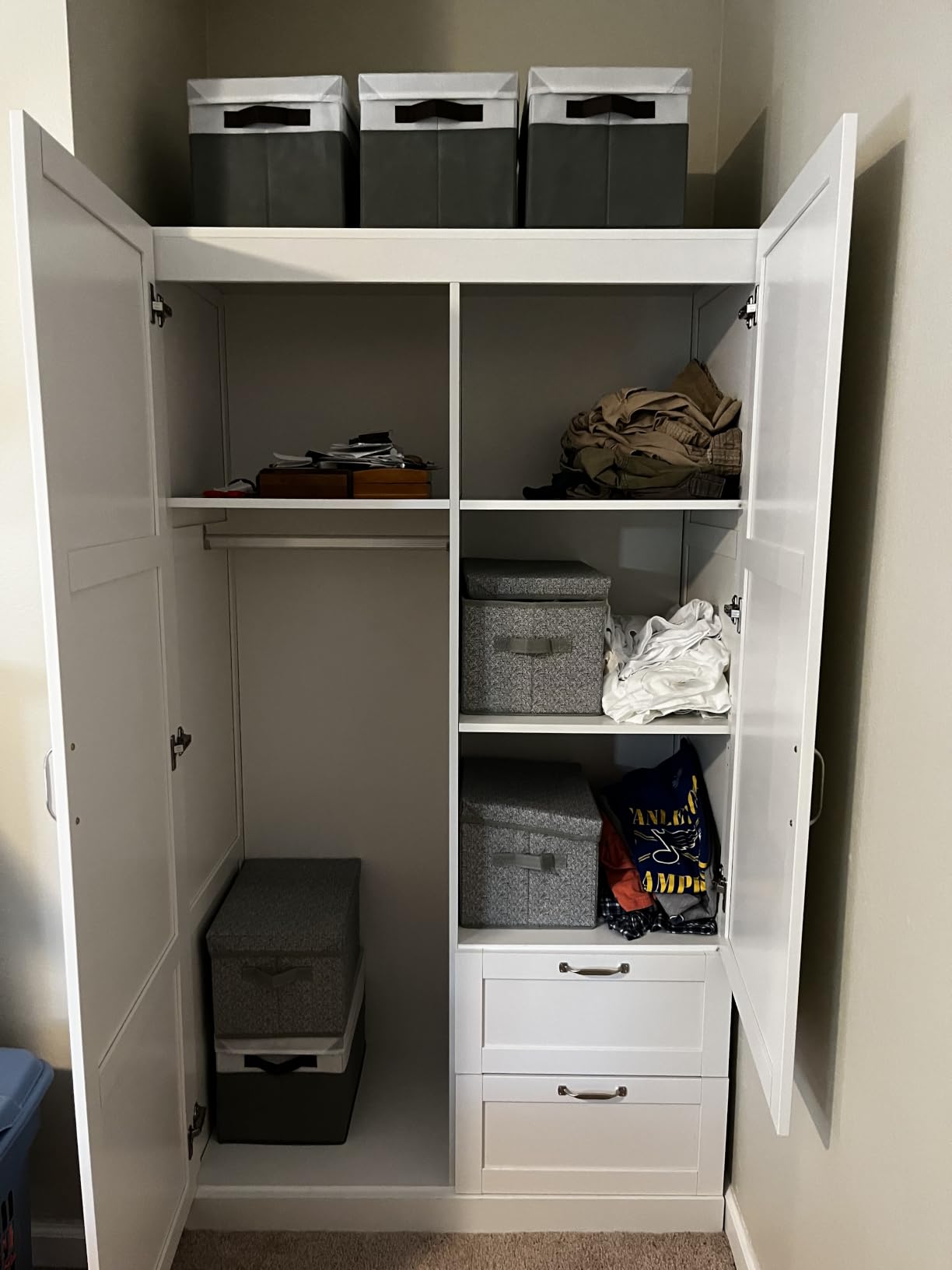 Sauder Select Multipurpose Bedroom Armoire Wardrobe Closet Pantry Storage Cabinet with Storage Drawers and Hanging Rail, in Soft White finish customer photo 2