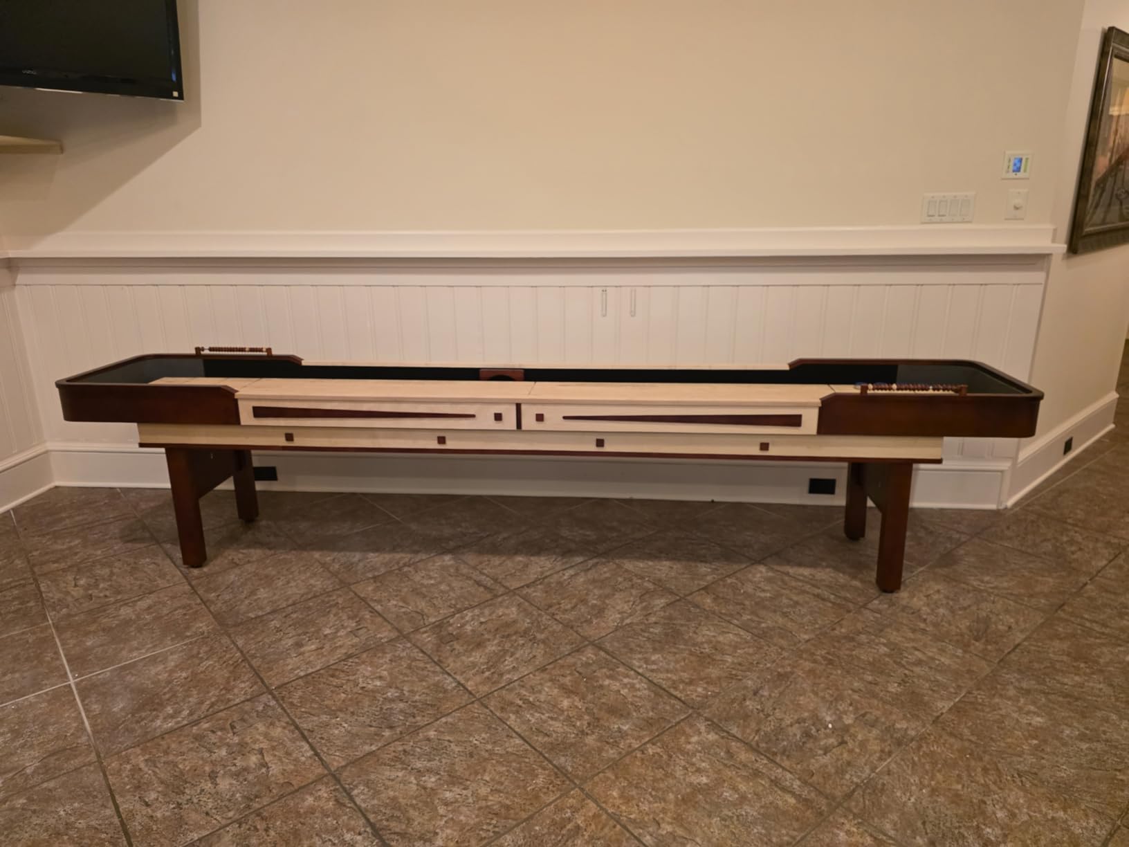 Hathaway Merlot 12 Foot Shuffleboard Table for Family Game Room - with Lacquer Coated Playfield, Built-in Scorer and Cabinet, Climate Adjusters, Leg Levelers, 8 Pucks, Brush, and Wax - Walnut Finish customer photo 2