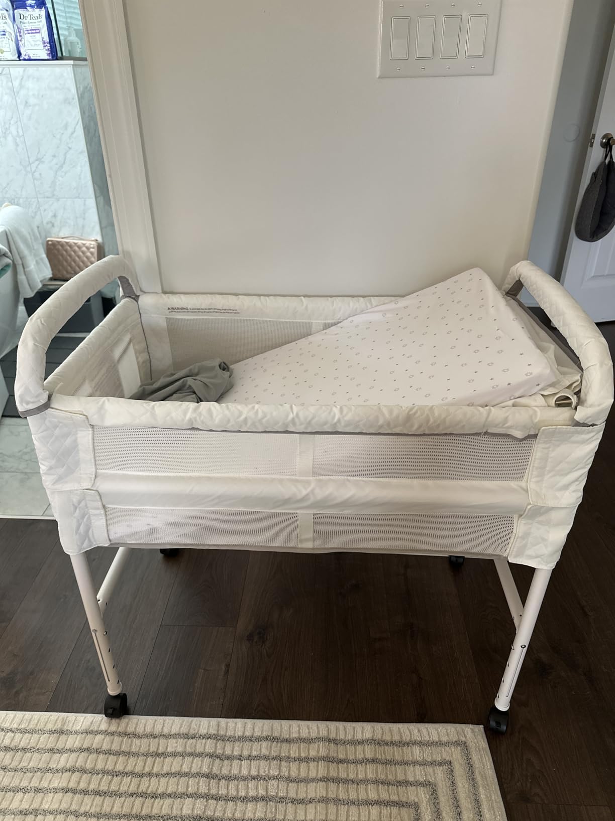 Arm’s Reach Clear-Vue Co-Sleeper Bedside Bassinet Featuring Clear Mesh Panels with Fold-Down Side, Large Attached Storage Basket, 4 Wheels, and Height-Adjustable Legs, White customer photo 2