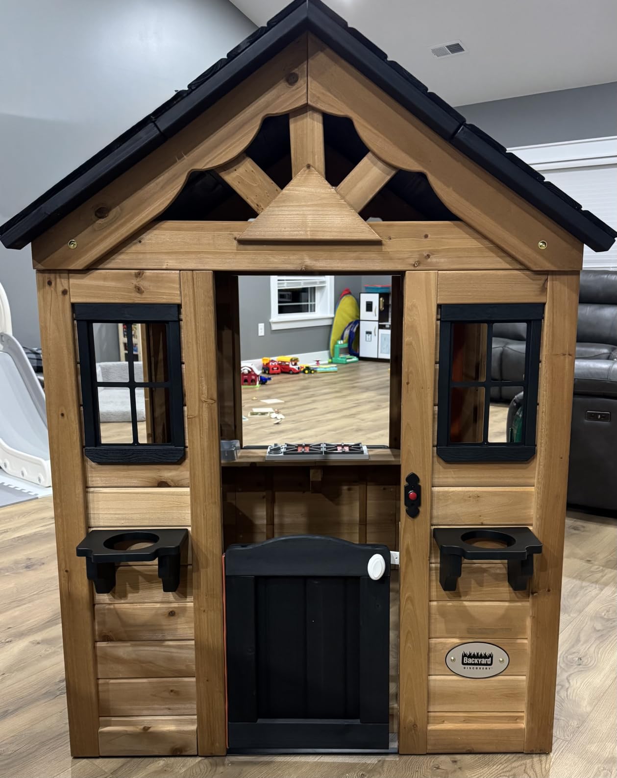 Backyard Discovery Sweetwater Cedar Wooden Kids Playhouse Cottage with Play Kitchen, Snack Bar, Half Door, Toy Phone, Windows, Flowerpot Holders, and Working Doorbell for Outdoor Imaginative Play customer photo 1