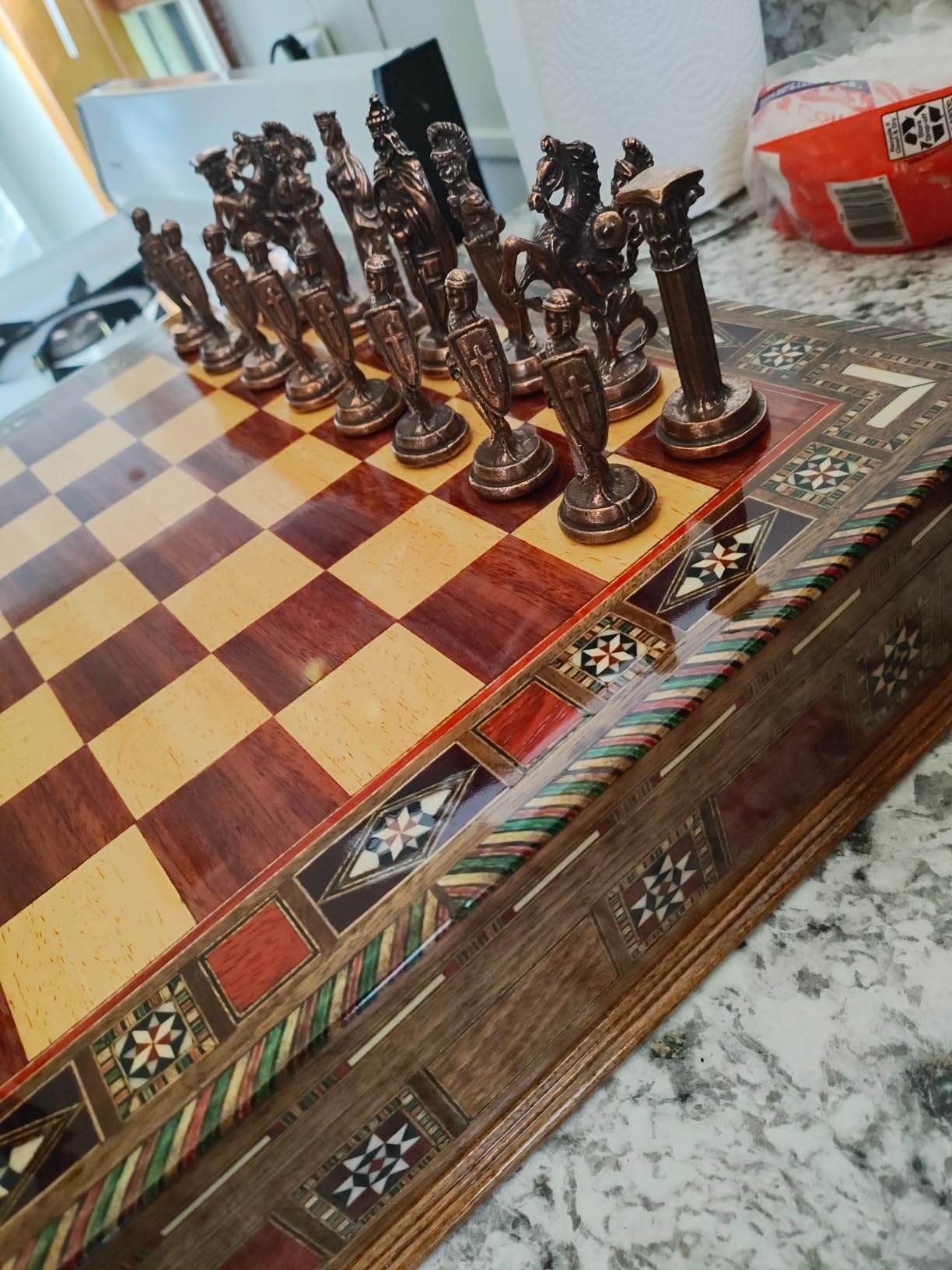 Medieval British Army Antique Copper Metal Chess Set for Adults,Handmade Pieces and Natural Solid Wooden Chess Board with Storage Inside King 3.35inc customer photo 2