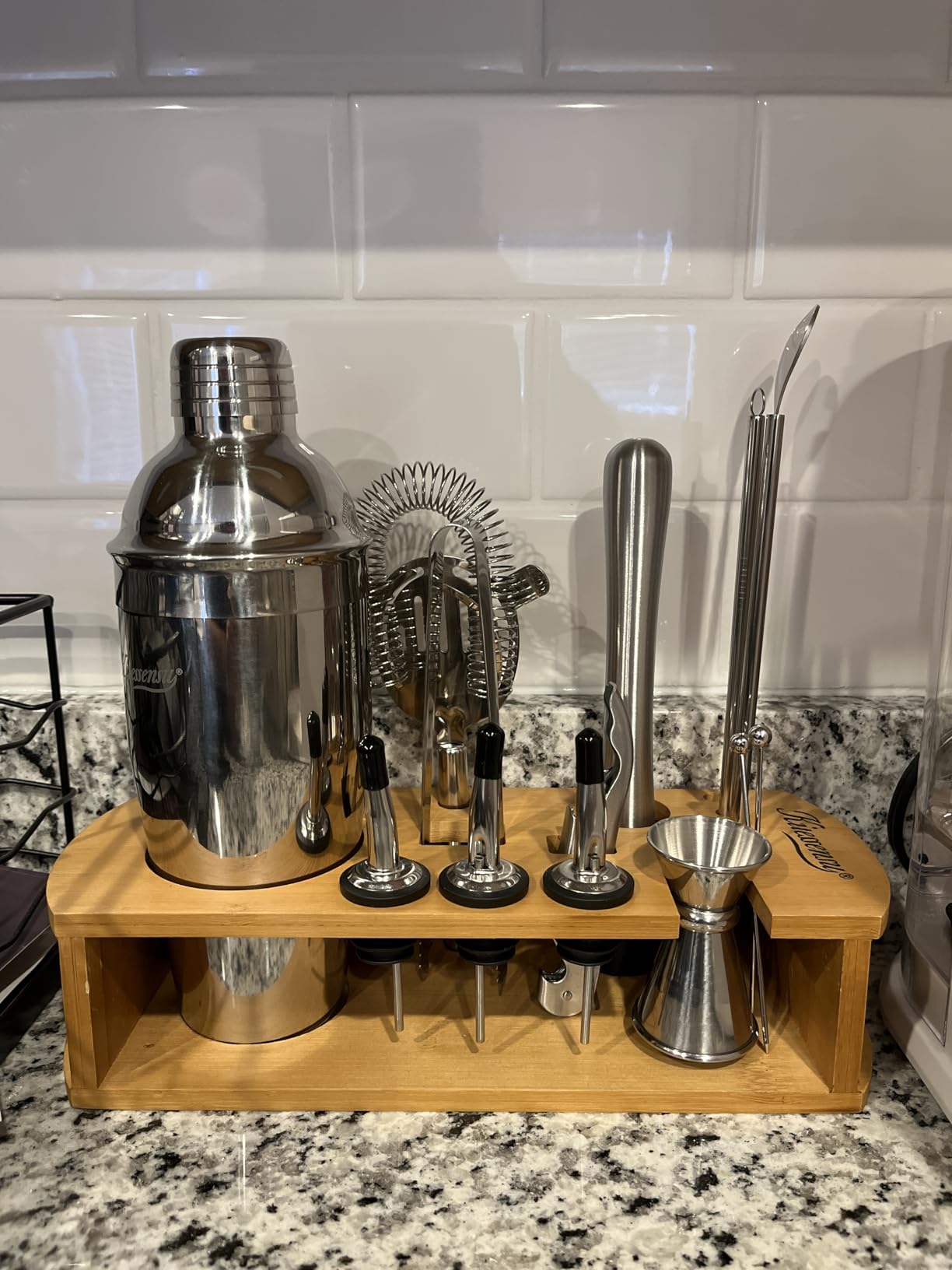 KITESSENSU Cocktail Shaker Set Bartender Kit with Stand | Bar Set Drink Mixer Set with All Essential Accessory Tools: Martini Shaker, Jigger, Strainer, Mixer Spoon, Muddler, Liquor Pourers |Silver customer photo 2