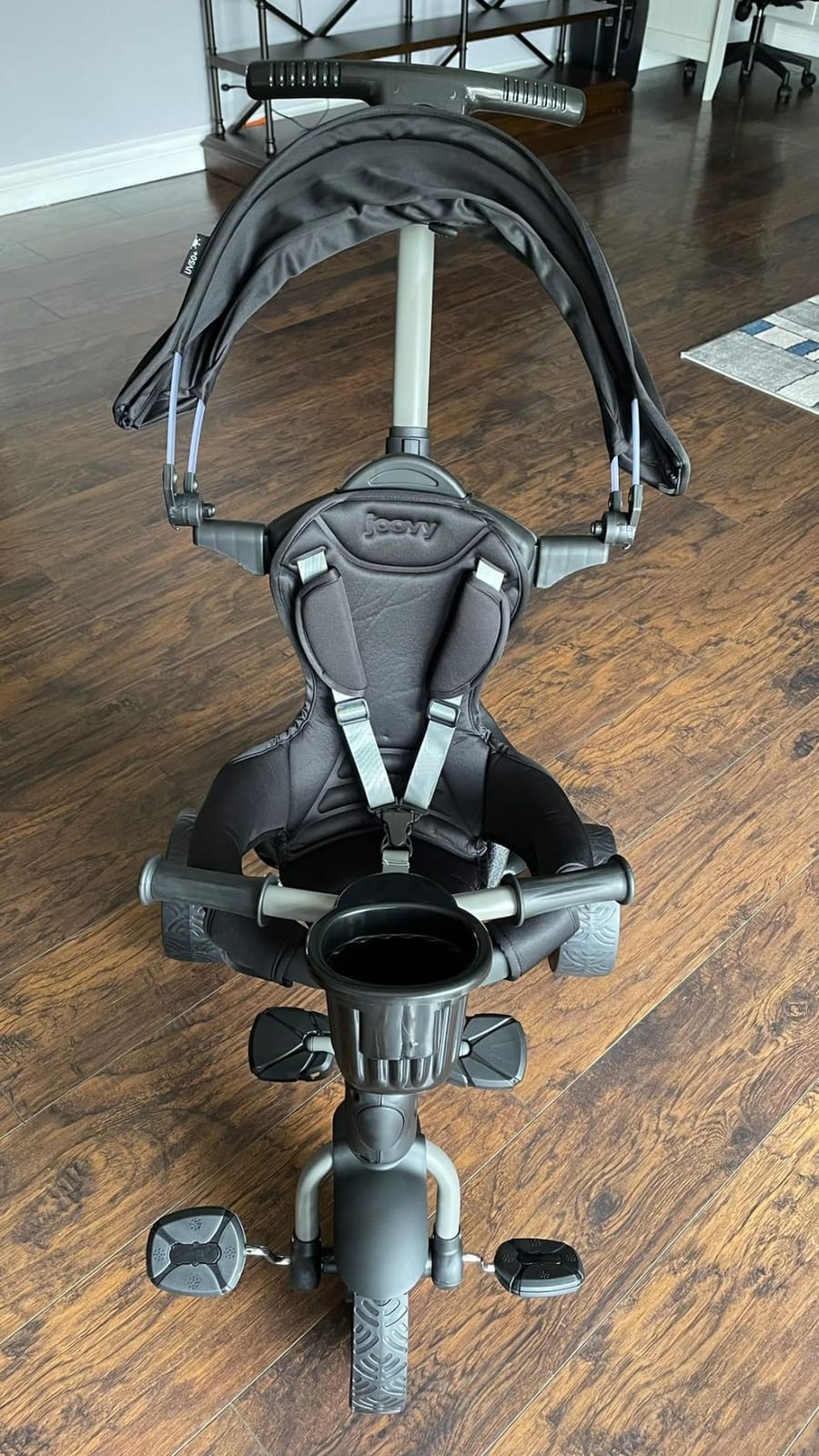 Joovy Tricycoo 4.1 Kids Tricycle with 4-Stages Featuring Extra-Wide Front Tire, Removable and Adjustable Parent Handle, Safety Harness, Machine-Washable Seat Pad, and Retractable Canopy (Black) customer photo 2