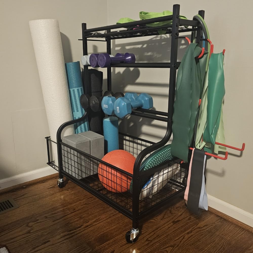 PLKOW Dumbbell Rack, Weight Rack for Dumbbells, Home Gym Storage for Dumbbells Kettlebells Yoga Mat and Balls, All in One Workout Storage with Wheels and Hooks, Powder Coated Finish Steel customer photo 2