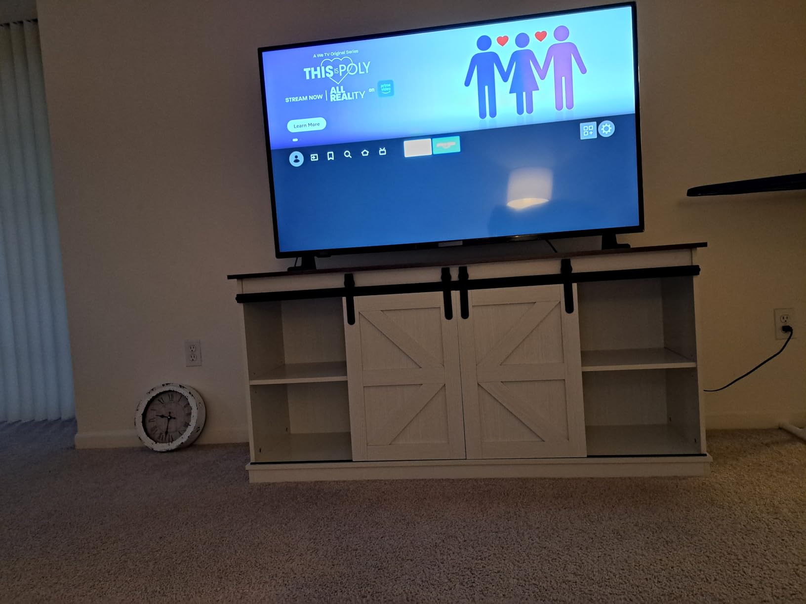 JUMMICO TV Stand for 65 Inch TV, Sliding Barn Doors, Bright White customer photo 1