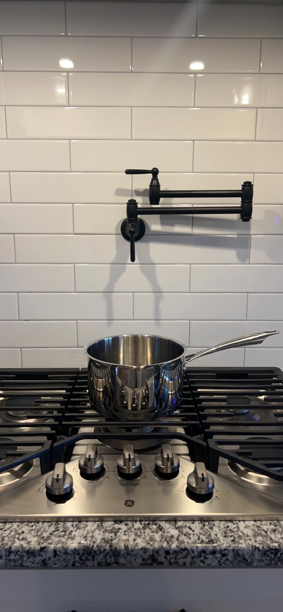 Pot Filler Faucet Brushed Nickel, ARCORA Modern Pot Filler Wall Mount 2 Handle with Double Joint Swing Arms Brass Stove Faucet customer photo 2