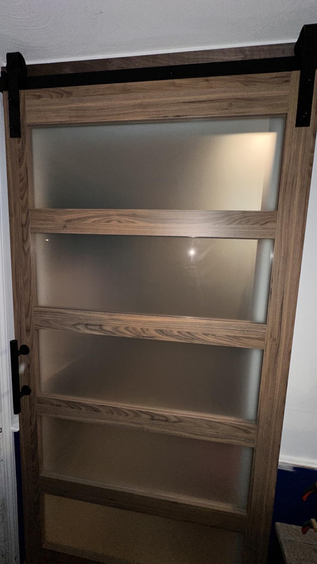 FREDBECK 36 x 84 inch Glass Barn Door with 6.6FT Track Kit, Interior Doors | Fit for 32in-34in Opening Handle Included,5-Panel Frosted Glass, Water-Proof Surface,Pre-Drilled Holes,Need Assembly customer photo 1