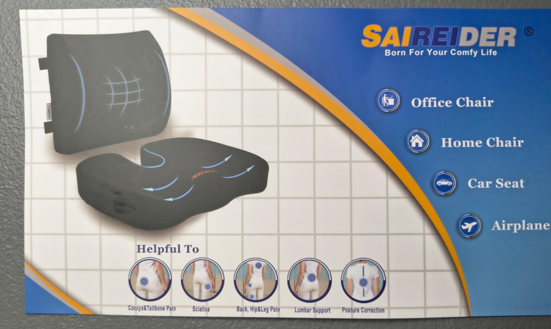 SAIREIDER Seat Cushion and Lumbar Support Pillow for Office Chair, Memory Foam Car Seat Cushions Back Support Pillows, Help Relieve Pain of Back, Lumbar, Tailbone and Sciatic Nerve(Black) customer photo 2