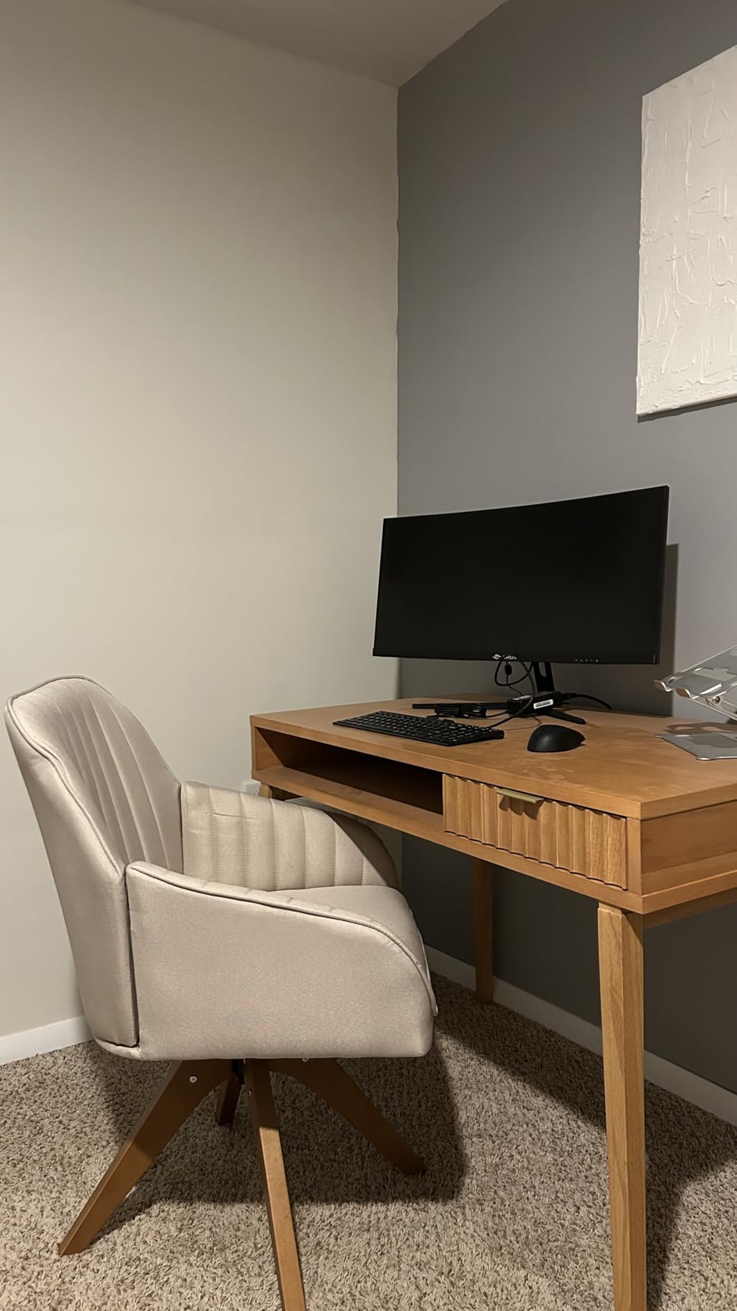 Furniliving Mid Century Modern Accent Chair, 36.8 Inch Upholstered Swivel Chair for Living Room with Arms Home Office Desk Chair for Bedroom Wood Legs Computer Task Chair No Wheels, Darkgrey customer photo 1