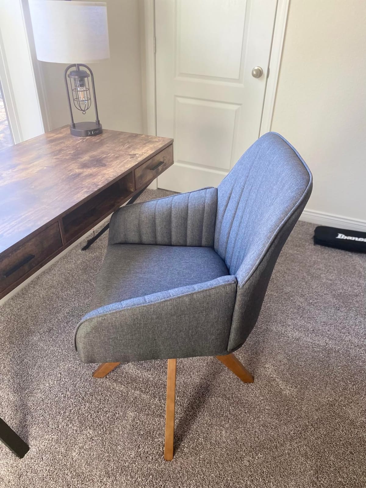 Furniliving Mid Century Modern Accent Chair, 36.8 Inch Upholstered Swivel Chair for Living Room with Arms Home Office Desk Chair for Bedroom Wood Legs Computer Task Chair No Wheels, Darkgrey customer photo 2