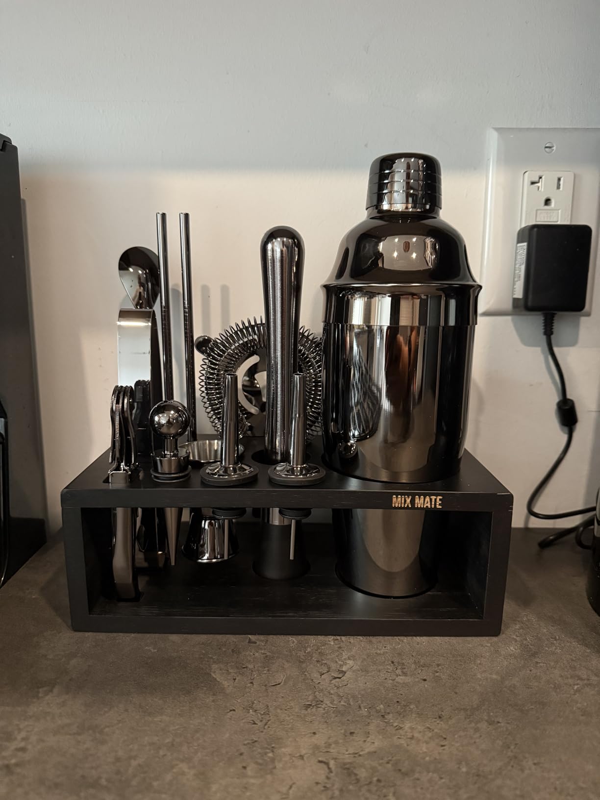 Black Stainless Steel Cocktail Shaker Set with Wood Stand - 15 Piece Bartender Kit with Drink Shaker, Bar Spoon, Jigger, Muddler, Strainer, Bottle Opener, Stopper, Pour Spout, Stirrers, Tongs, Recipes customer photo 1