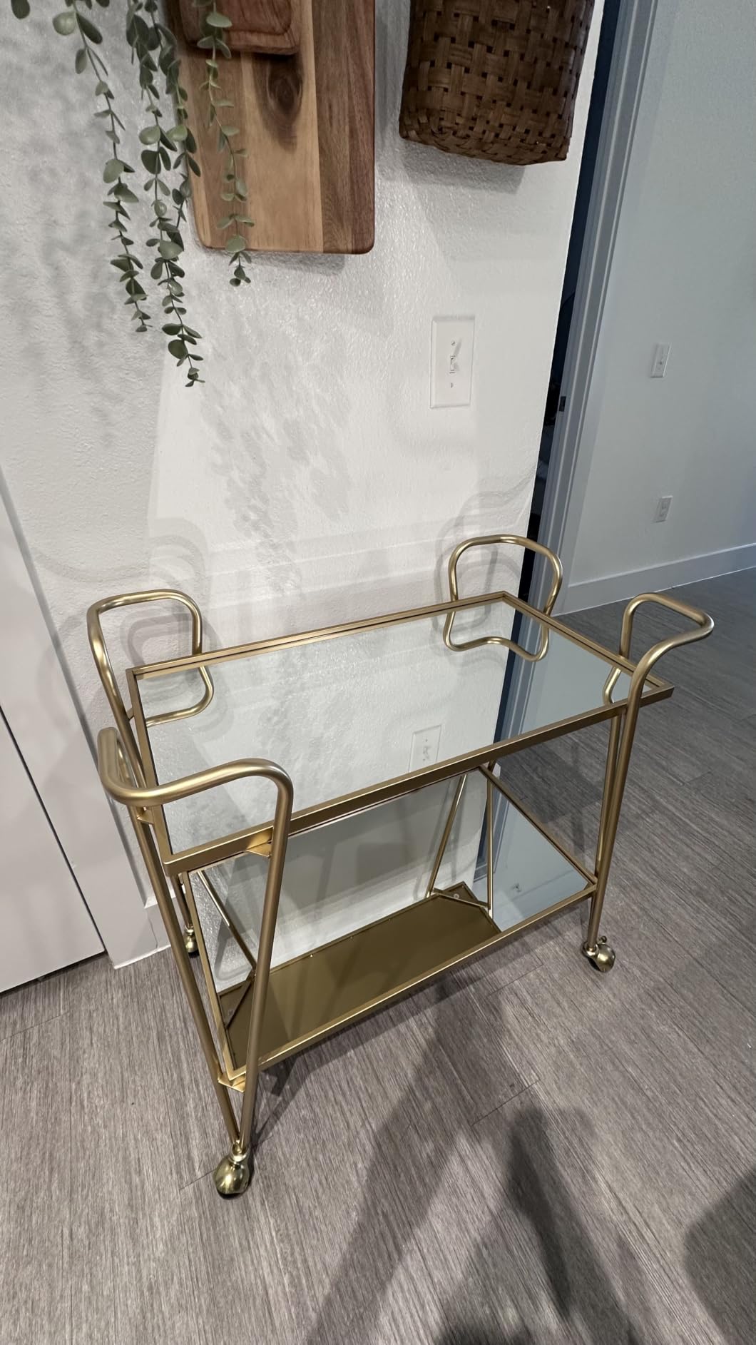 Linon Gina White Mid-Century Bar Cart with Mirrored Shelves and Locking Wheels customer photo 1
