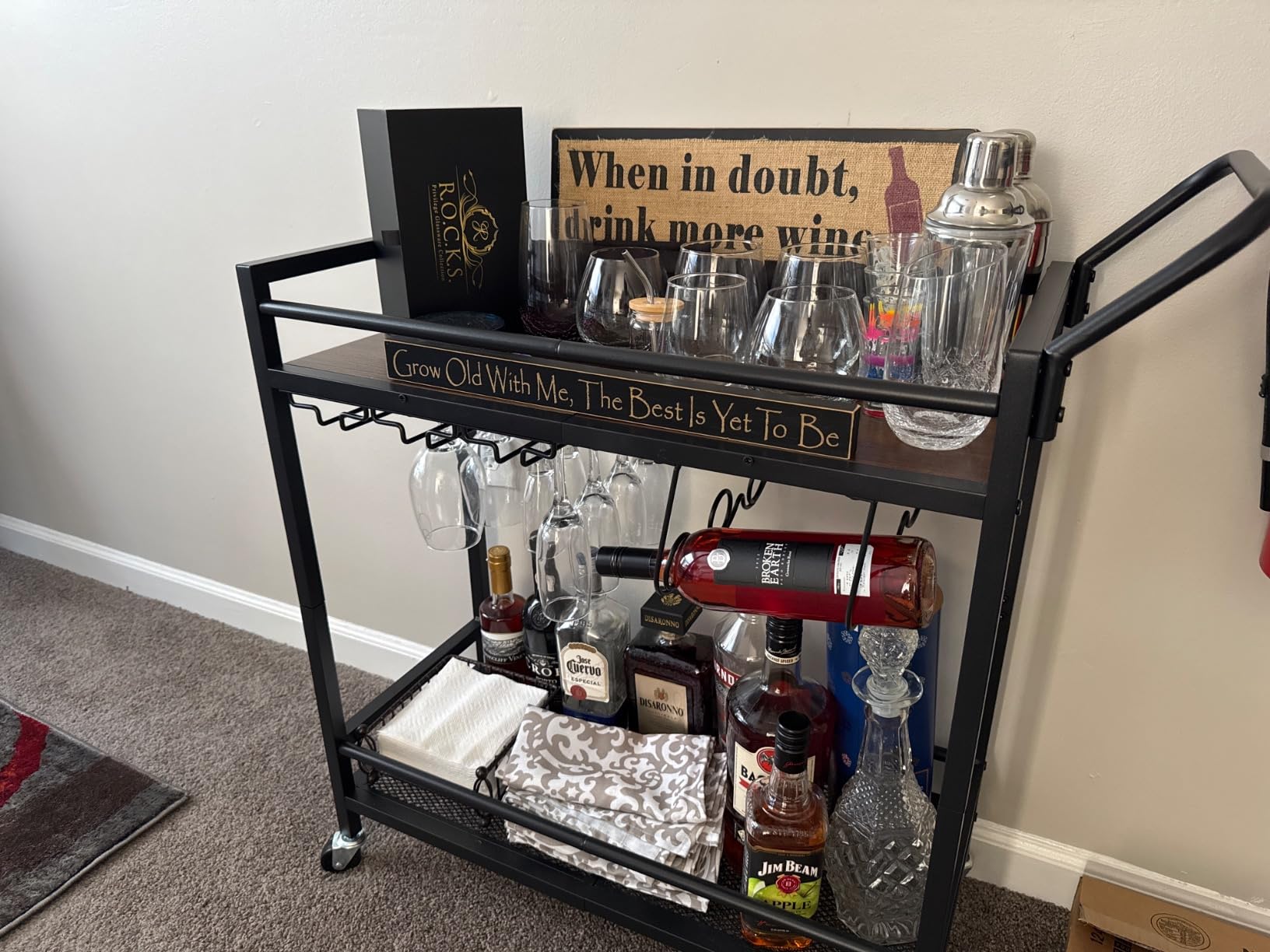 LAATOOREE Bar Cart, Two-Color Home Bar Serving Cart, Mobile Drink Beverage Cart with 2 Storage Shelves, Rolling Kitchen Cart with Wine and Glass Holder, for Dinning Room, Living Room, Kitchen customer photo 2