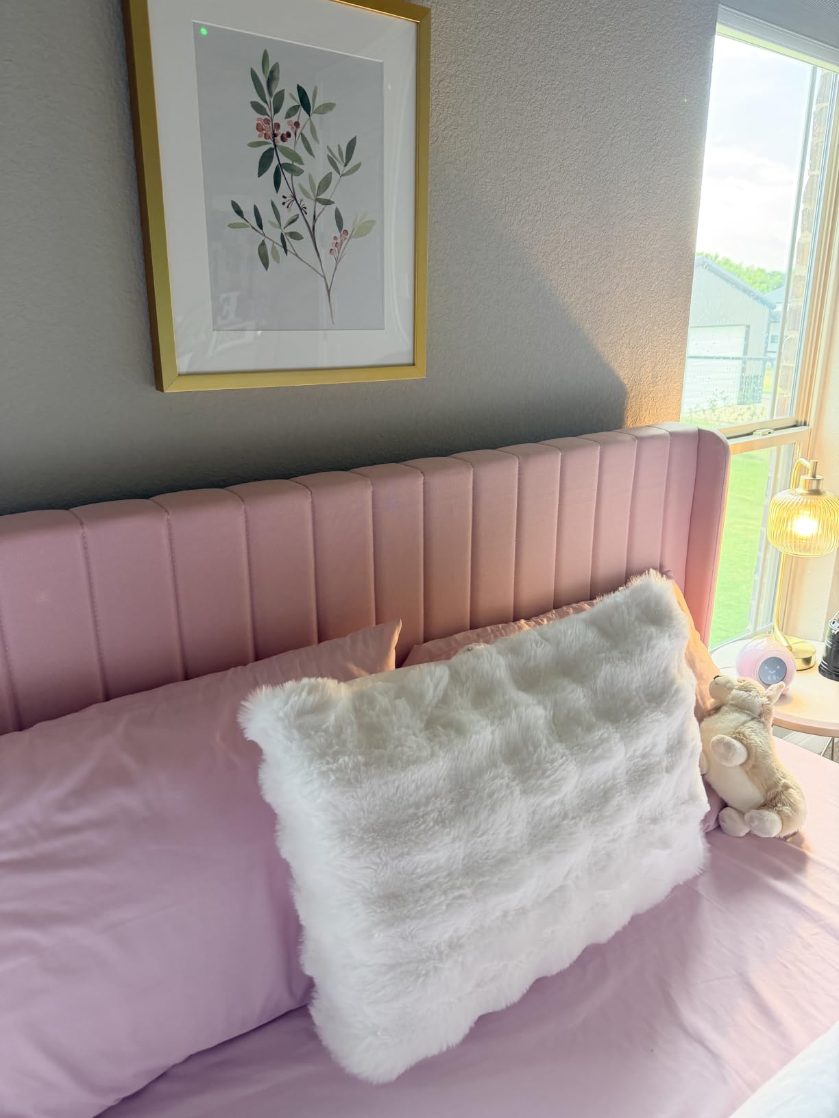 Yaheetech King Bed Frame with Headboard, Ivory Channel-Tufted Platform customer photo 1