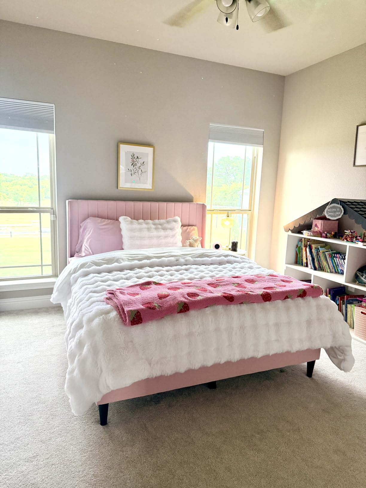 Yaheetech King Bed Frame with Headboard, Ivory Channel-Tufted Platform customer photo 2