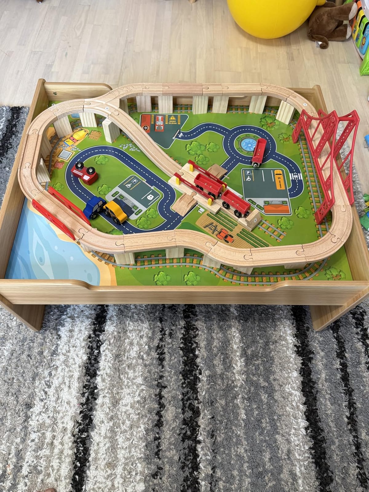 HONEY JOY Train Table, Wooden Kids Activity Table w/ 80 Multicolor Pieces, Tracks, Trains, Cars, Toddler Toy Train Table Set w/Reversible Tabletop, Gift for Boys Girls Ages 18 Months+ (Blue) customer photo 2