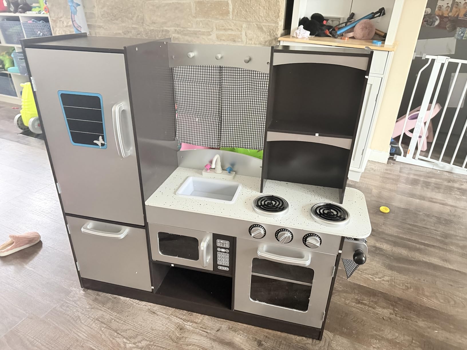HONEY JOY Kids Kitchen Playset, Wooden Little Chef Pretend Play Toy Kitchen Set, Range Hood & Microwave with Lights, Water Dispenser, Fabric Drawer, Play Kitchen for Toddler Boys Girls, Coffee customer photo 2