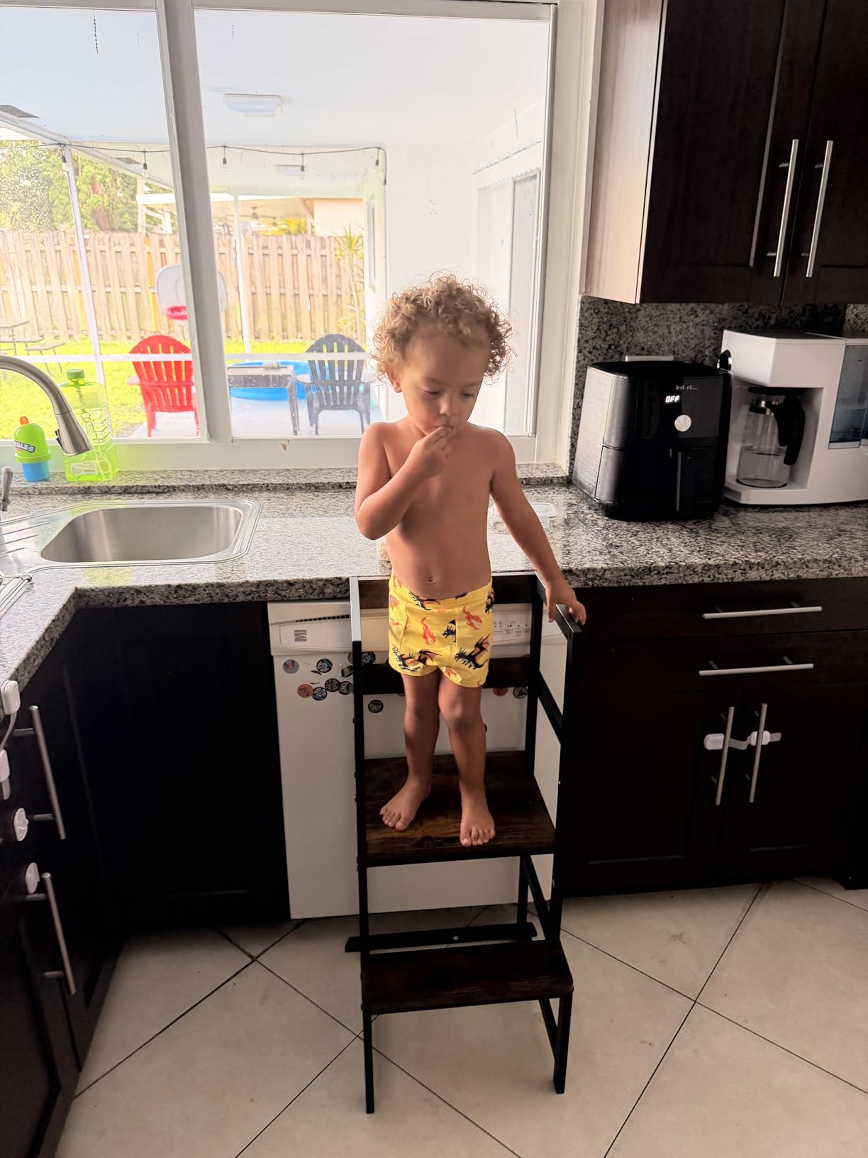 INNOD Kitchen Step Stool for Toddlers, Height Adjustable Toddler Tower with Safety Rail, Steel and Wood Toddler Kitchen Stool Helper Kids, Stool for Kids, Learning Tower, Kids' Desk Brown customer photo 1