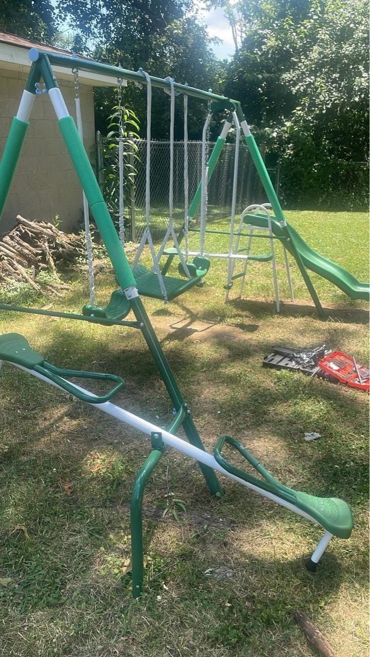 Sportspower Park Ridge Metal Swing Set for Ages 3-8, 2 Swings, Standing Swing, Roman Glider, Teeter Totter, on 5ft Slide, 6.1ft Durable Steel Frame, Anchor Kit, 800lbs customer photo 2