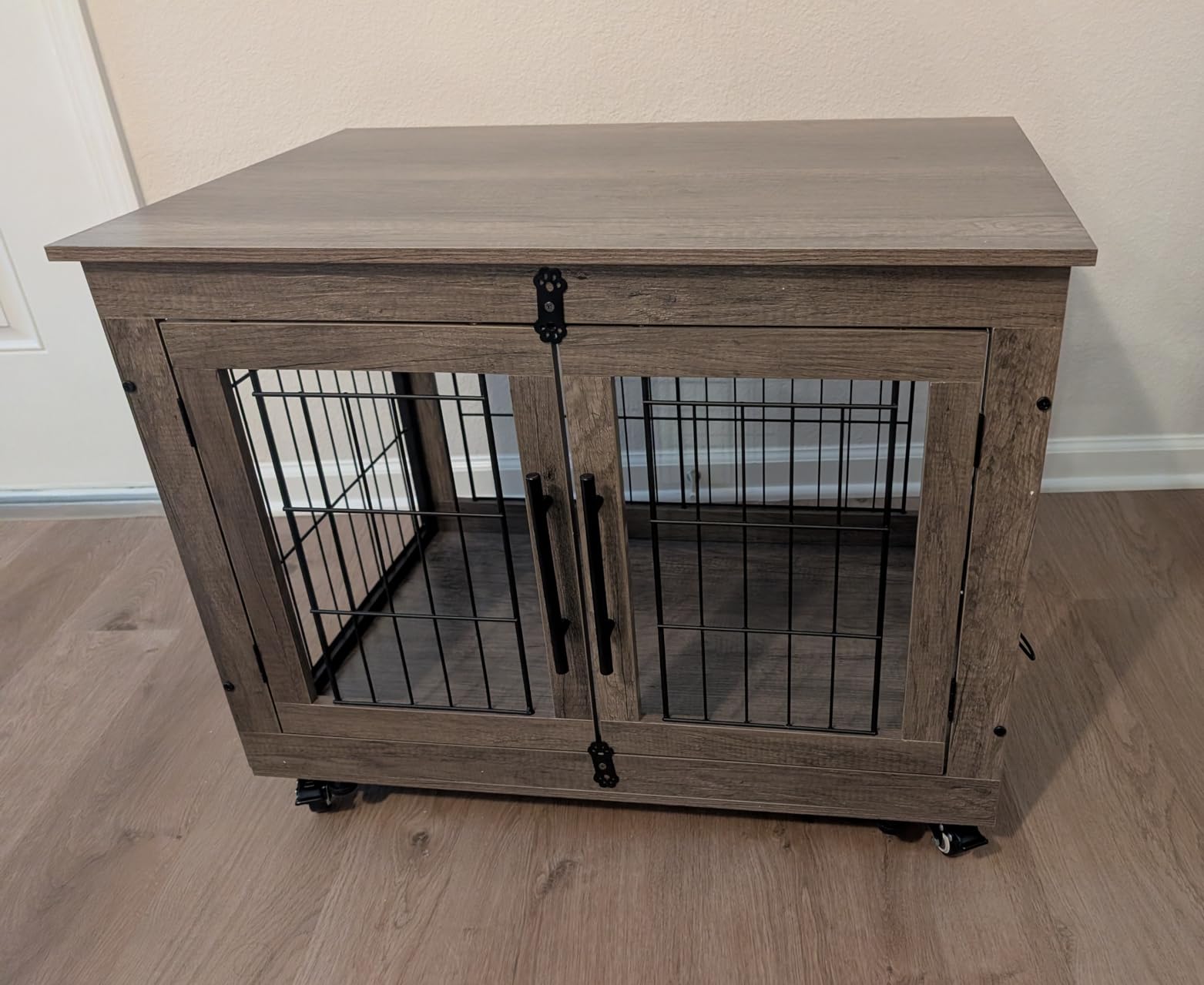 YaFiti Dog Crate Furniture, 32.5” Wooden Indoor Dog Kennel, Rustic Brown | Cushion, Wheels, Double Doors, Furniture Style, Side End Table, Decorative Pet Cage House, Up to 45 lb, for Small/Medium Dogs customer photo 2