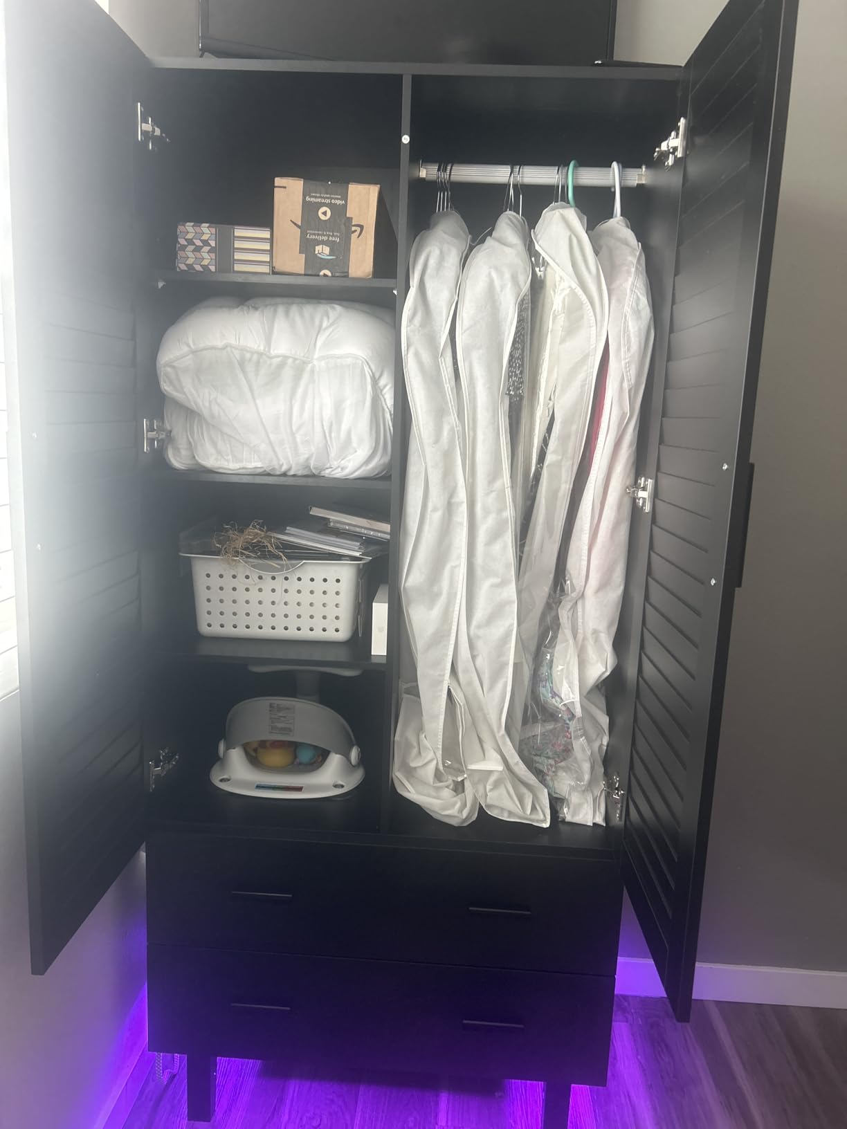 jiteentarou 4 Door Armoire Wardrobe Closet Cabinet with Drawers and LED Lights, Multi-Tier Shelves, Hanging Rod & 4 Louver Doors, Large Capacity Storage Wardrobe Armoire for Bedroom(4 Doors White) customer photo 2