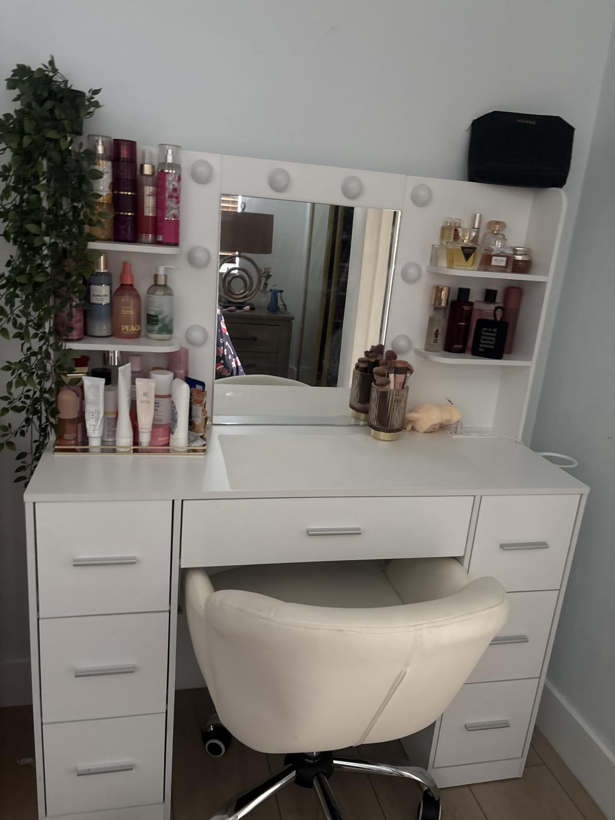 Furmax Vanity Desk with LED Mirror,Power Outlet,7 Drawers Makeup Table customer photo 1