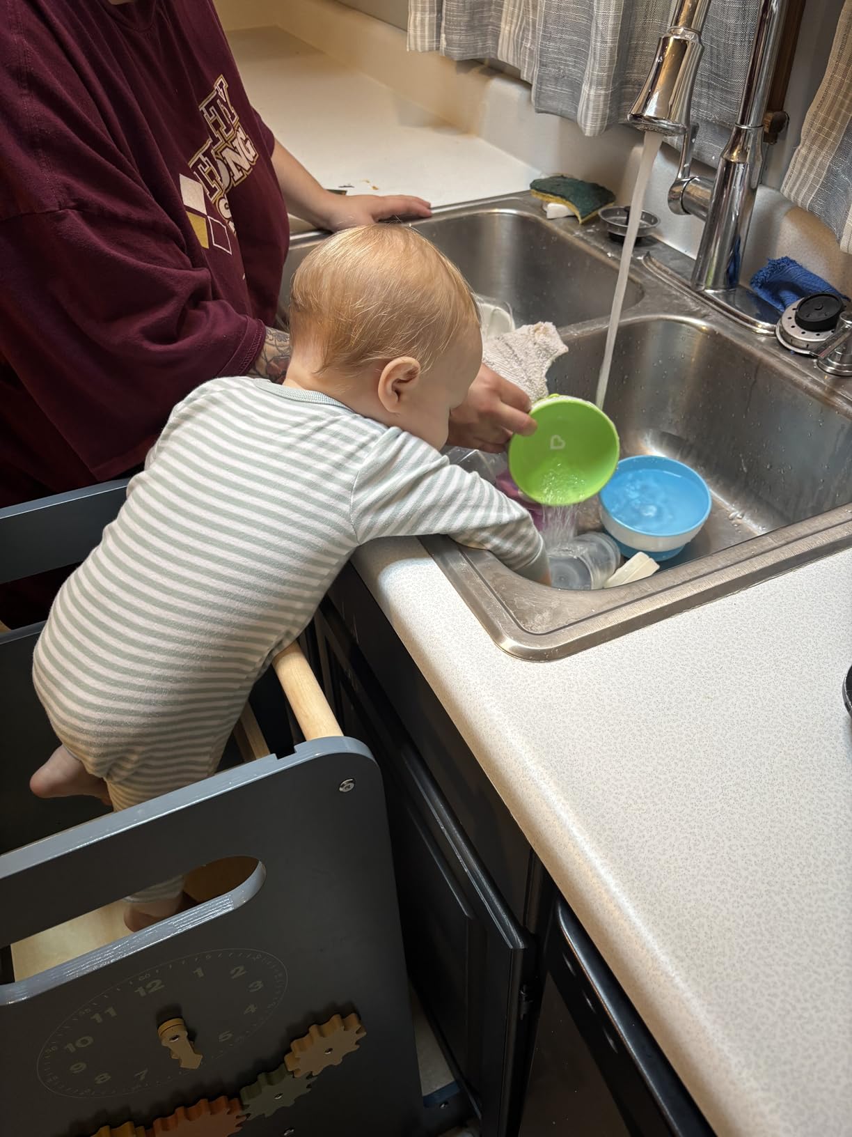 Toddler Tower 4-in-1 Multifunctional Kitchen Stool Helper with Removable Safety Board, Adjustable Heights, Slide, Highchair, Chalkboard, Montessori Games customer photo 1