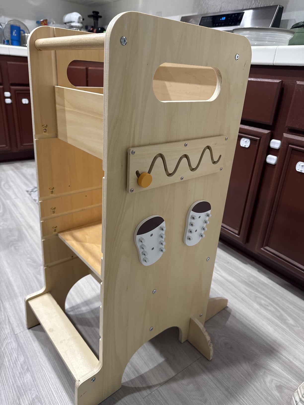 Toddler Tower 4-in-1 Multifunctional Kitchen Stool Helper with Removable Safety Board, Adjustable Heights, Slide, Highchair, Chalkboard, Montessori Games customer photo 2