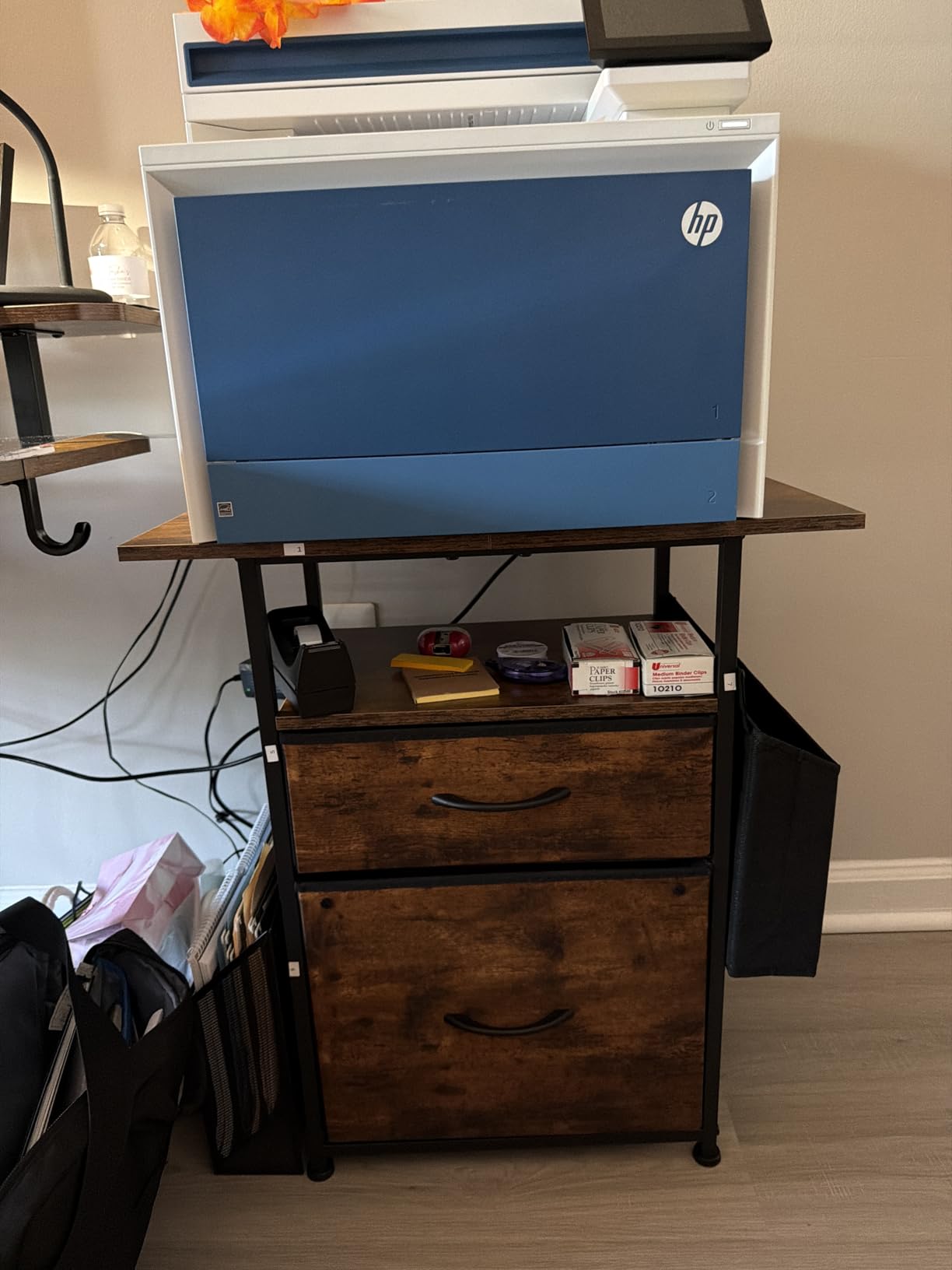 GYIIYUO 2 Drawer File Cabinet 24''W, Mobile Filing Cabinet, Printer Stand | 24'' Extended Desktop for Large Printer, Rolling, Side Bag, Fits A4/Letter Size, Home Office, Fabric Drawer, Light Brown customer photo 2