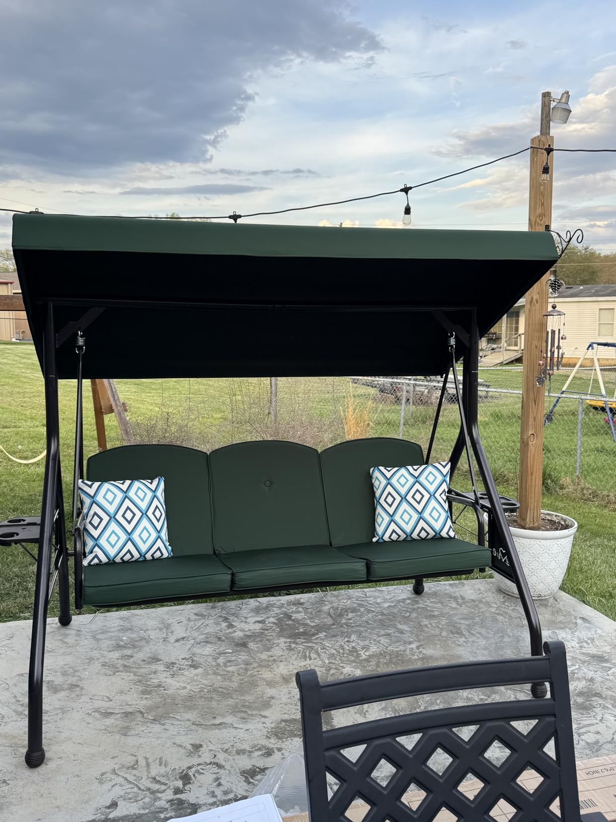ZZW 3 Seat Outdoor Porch Patio Swing with Stand 800lbs 2-in-1 Convertible Swing Bed with Adjustable Canopy & Removable Cushion for Yard Garden Deck (Blue, Square Tube) customer photo 2