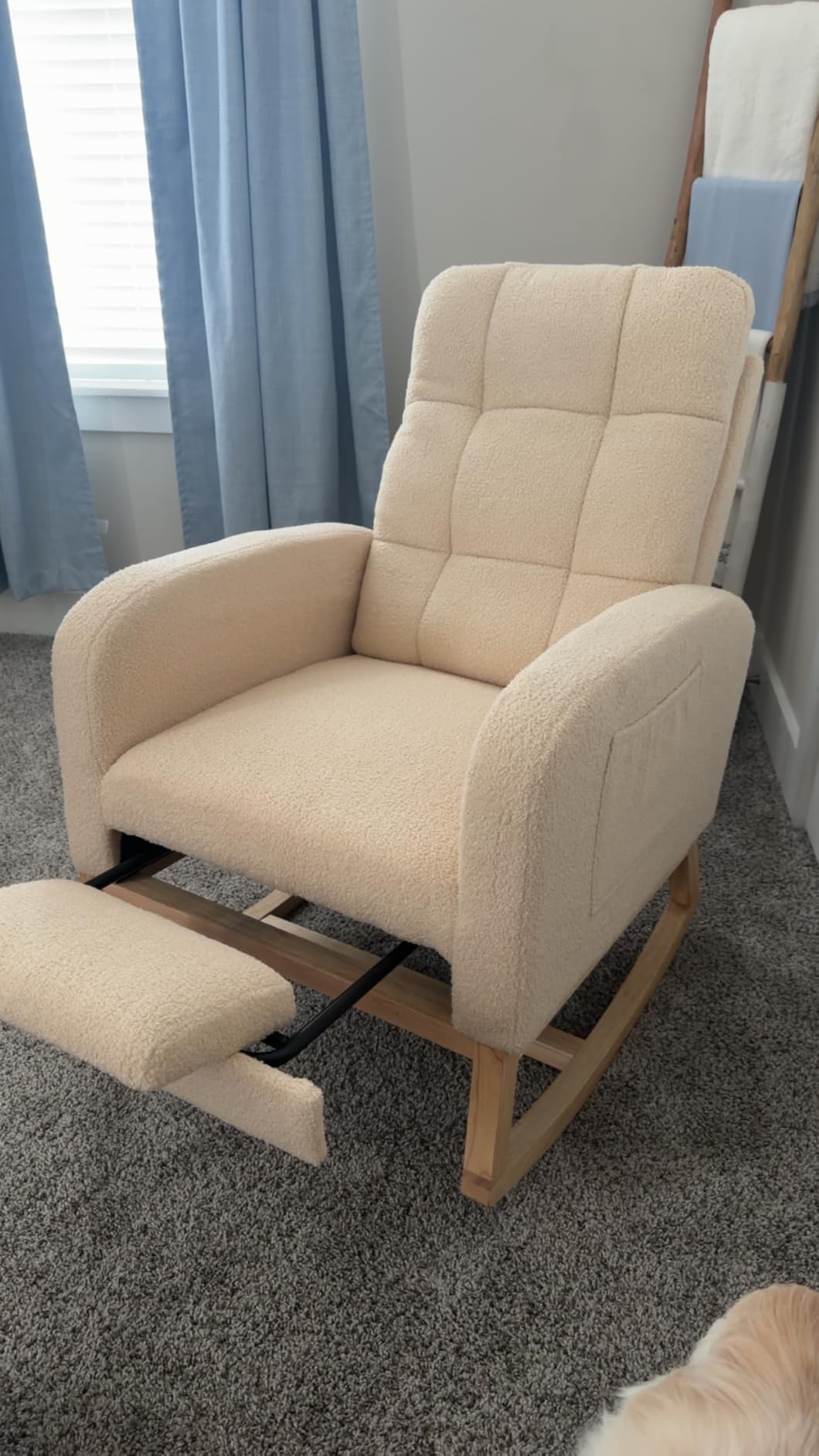 NIOIIKIT Modern Nursery Rocking Chair, Teddy Upholstered Rocking Chair with Footrest, Comfortable Rocker Glider with Side Pocket, Rocker Glider for Living Room, Bedroom, Nursing Room (Beige) customer photo 2