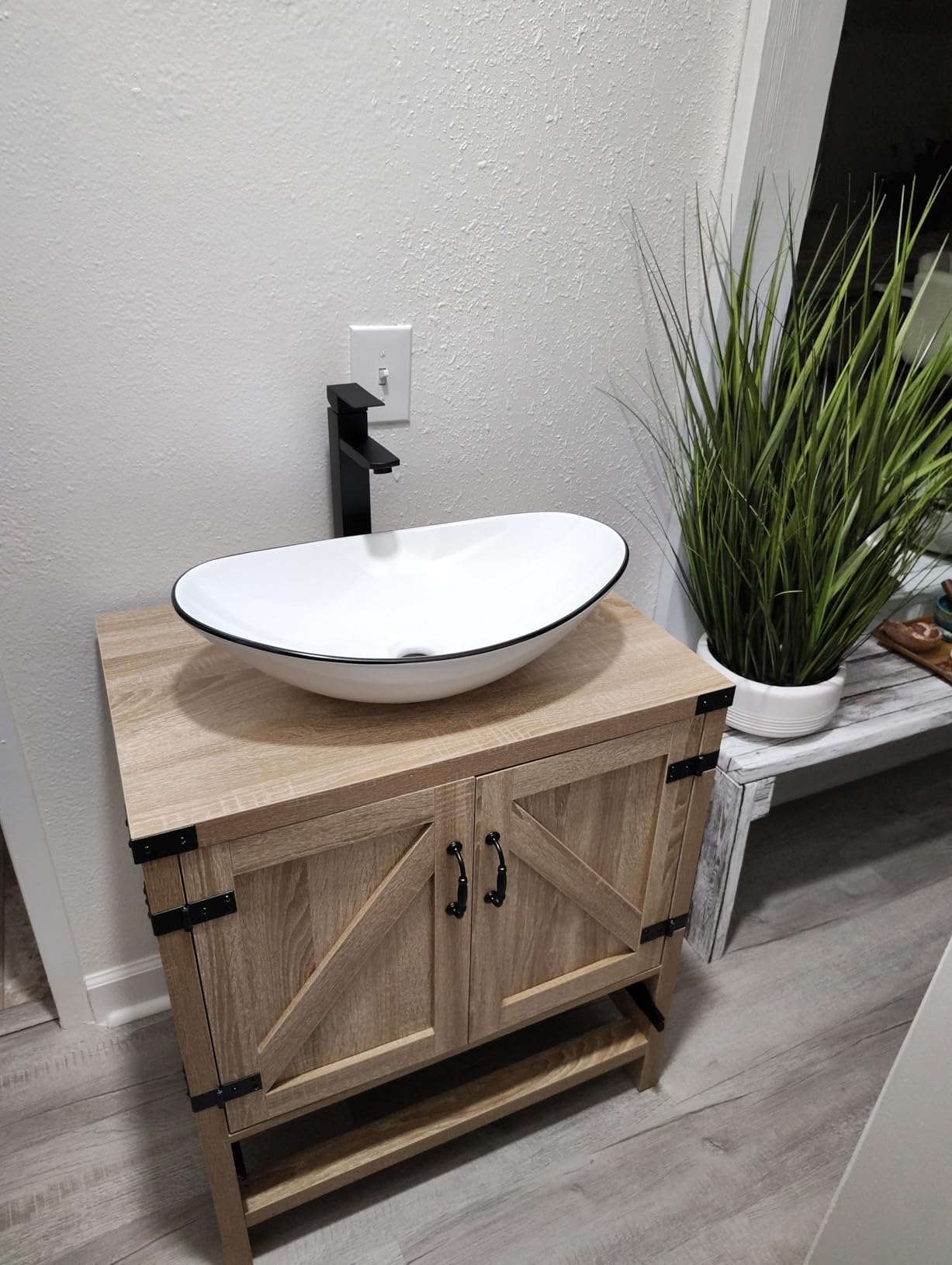 24 inch Natural Color Bathroom Vanity, Rustic Fixture Standing Pedestal Cabinet with White Ceramic Vessel Sink customer photo 1